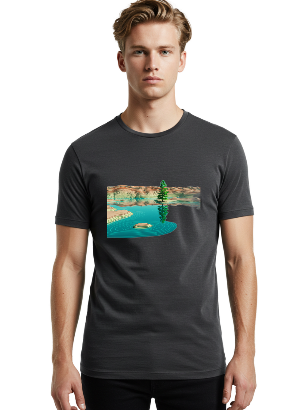 Tree-Reflection Men'S Graphic Tee, 100% Cotton, Comfortable Casual Summer Wear, Machine Washable, Vintage Camera, Old Camera, Antique Camera, Black Camera, Classic Photography, Photography Equipment, Nostalgic Device, Film Camera, Camera Art Bah286