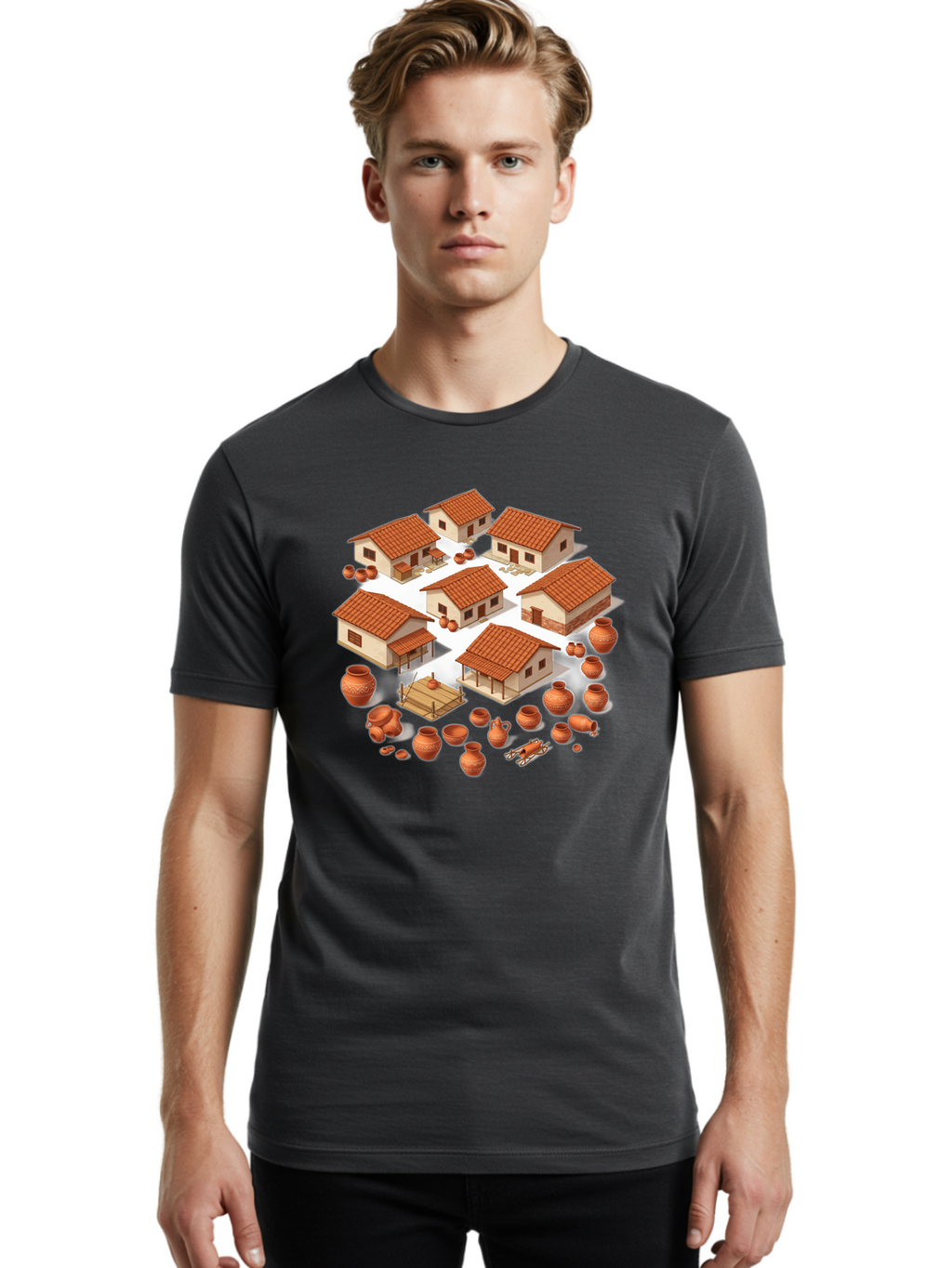 Village-Scene Men'S Graphic Tee, 100% Cotton, Comfortable Casual Summer Wear, Machine Washable, Vintage Camera, Old Camera, Antique Camera, Black Camera, Classic Photography, Photography Equipment, Nostalgic Device, Film Camera, Camera Art Bah340