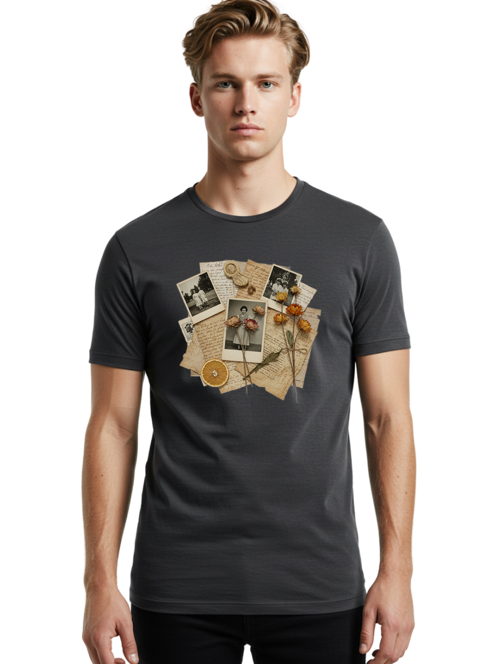 Vintage-Polaroids-And-Letters Men'S Graphic Tee, 100% Cotton, Comfortable Casual Summer Wear, Machine Washable, Vintage Camera, Old Camera, Antique Camera, Black Camera, Classic Photography, Photography Equipment, Nostalgic Device, Bah346