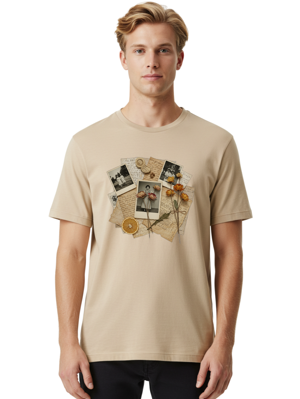 Vintage-Polaroids-And-Letters Men'S Graphic Tee, 100% Cotton, Comfortable Casual Summer Wear, Machine Washable, Vintage Camera, Old Camera, Antique Camera, Black Camera, Classic Photography, Photography Equipment, Nostalgic Device, Bah346