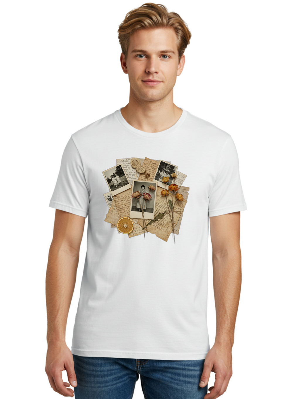 Vintage-Polaroids-And-Letters Men'S Graphic Tee, 100% Cotton, Comfortable Casual Summer Wear, Machine Washable, Vintage Camera, Old Camera, Antique Camera, Black Camera, Classic Photography, Photography Equipment, Nostalgic Device, Bah346