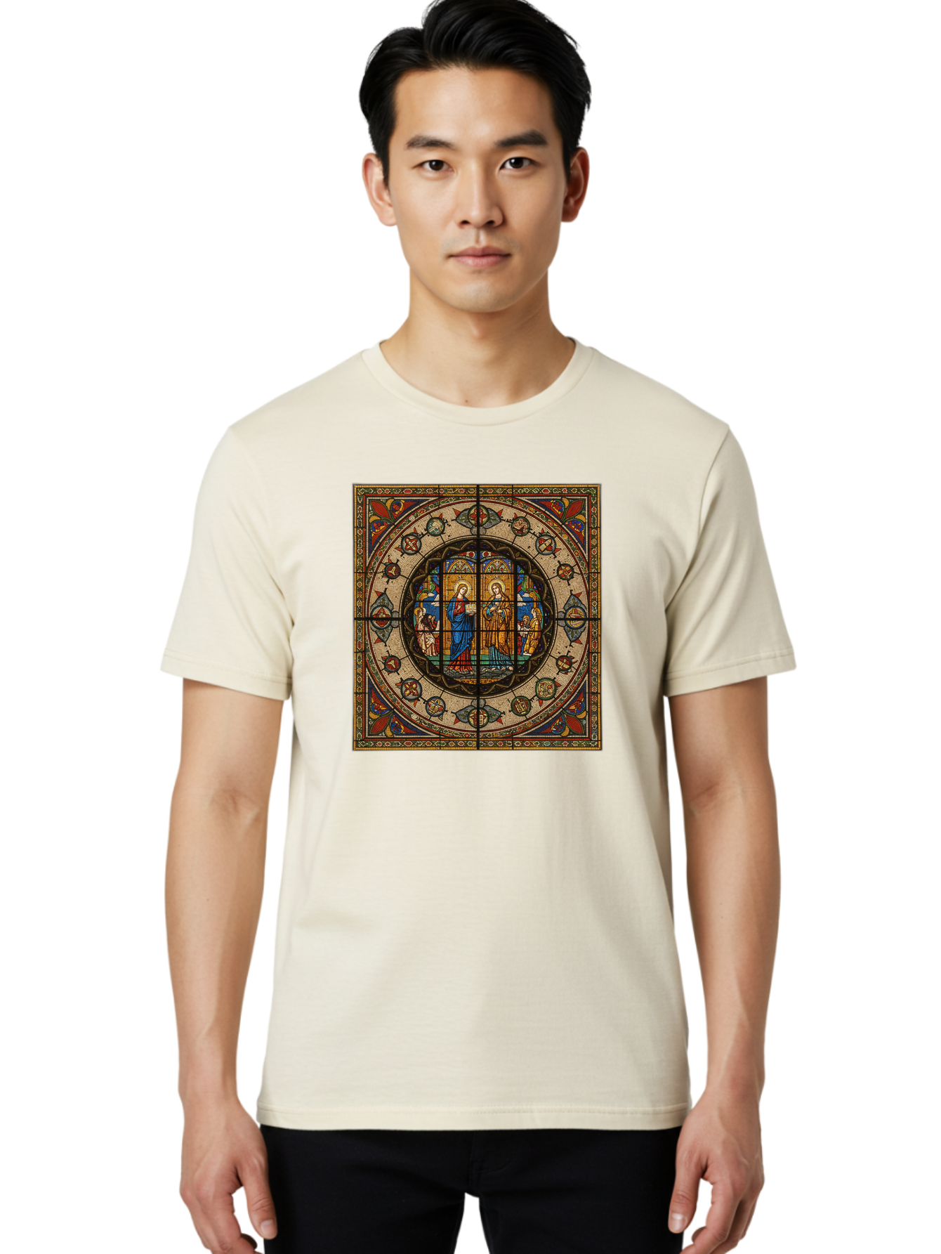 Visitation-Stained-Glass-Window Men'S Graphic Tee, 100% Cotton, Comfortable Casual Summer Wear, Machine Washable, Vintage Camera, Old Camera, Antique Camera, Black Camera, Classic Photography, Photography Equipment, Nostalgic Device, Bah349