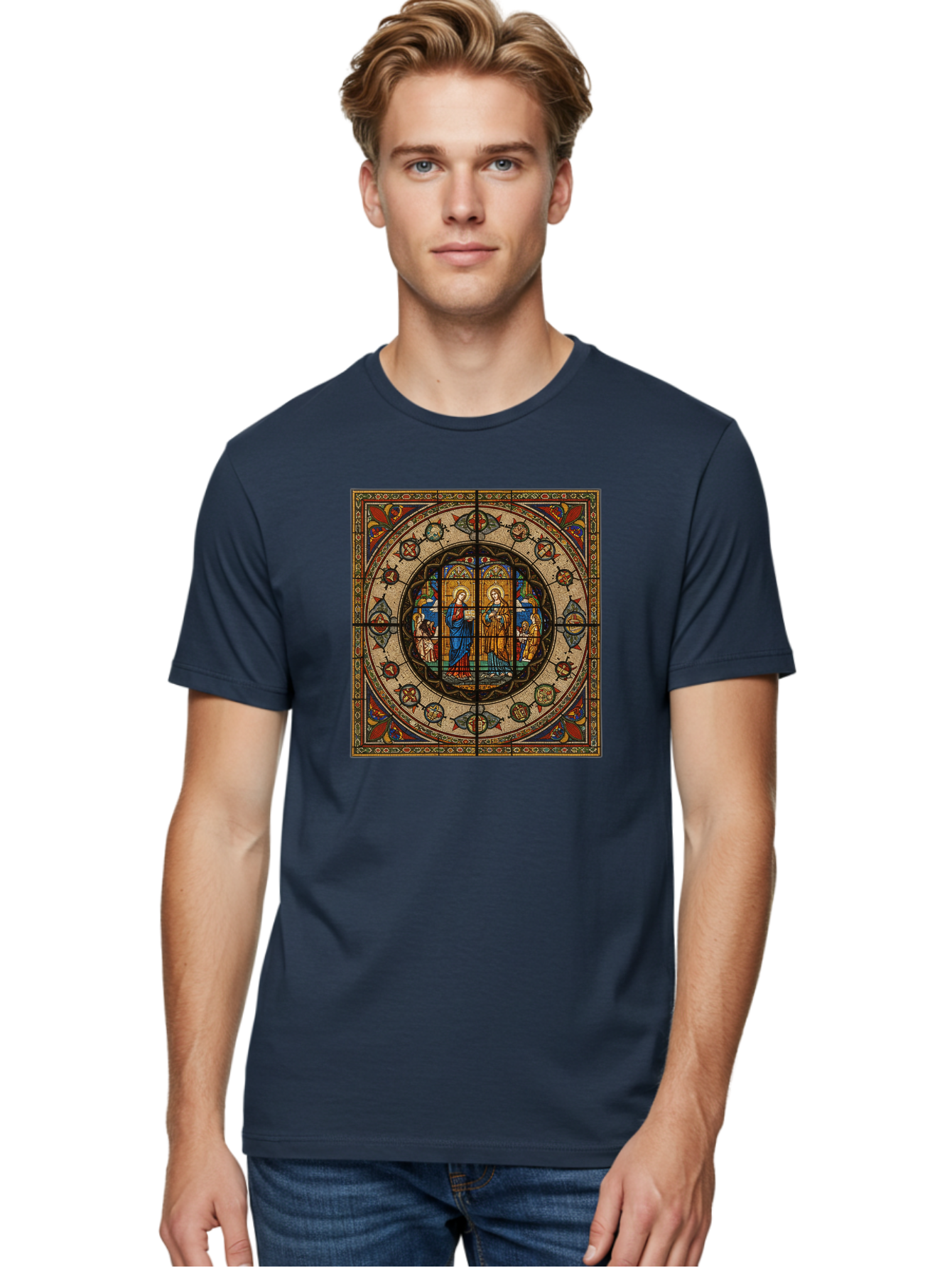 Visitation-Stained-Glass-Window Men'S Graphic Tee, 100% Cotton, Comfortable Casual Summer Wear, Machine Washable, Vintage Camera, Old Camera, Antique Camera, Black Camera, Classic Photography, Photography Equipment, Nostalgic Device, Bah349