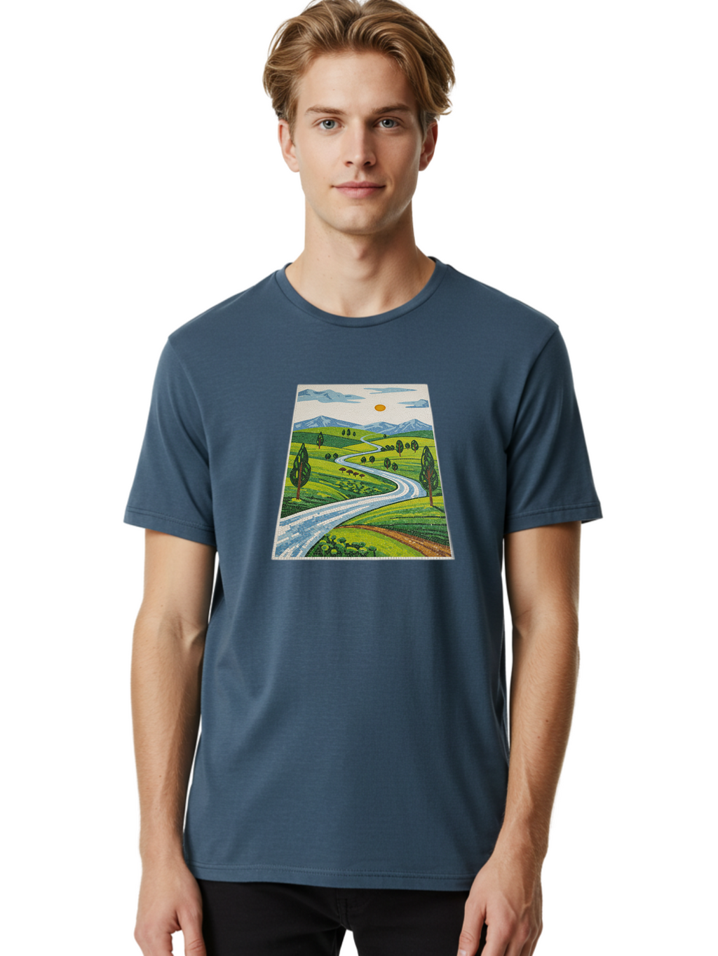 Winding-Road-Landscape Men'S Graphic Tee, 100% Cotton, Comfortable Casual Summer Wear, Machine Washable, Vintage Camera, Old Camera, Antique Camera, Black Camera, Classic Photography, Photography Equipment, Nostalgic Device, Film Camera, Bah384
