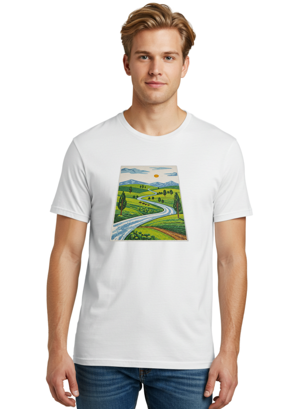 Winding-Road-Landscape Men'S Graphic Tee, 100% Cotton, Comfortable Casual Summer Wear, Machine Washable, Vintage Camera, Old Camera, Antique Camera, Black Camera, Classic Photography, Photography Equipment, Nostalgic Device, Film Camera, Bah384