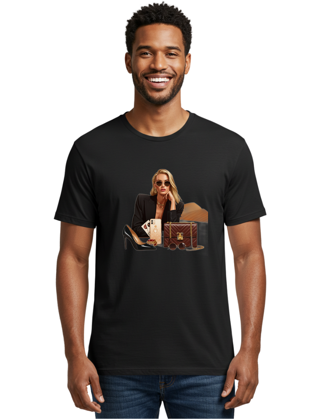 Woman-With-Luxury-Accessories Men'S Graphic Tee, 100% Cotton, Comfortable Casual Summer Wear, Machine Washable, Vintage Camera, Old Camera, Antique Camera, Black Camera, Classic Photography, Photography Equipment, Nostalgic Device, Bah395