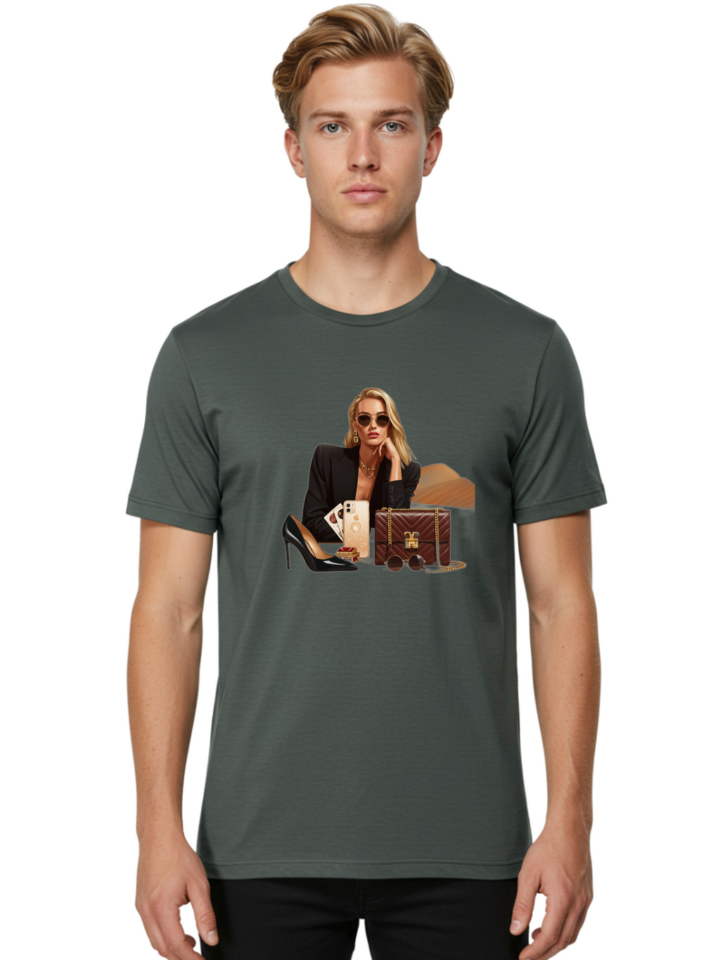 Woman-With-Luxury-Accessories Men'S Graphic Tee, 100% Cotton, Comfortable Casual Summer Wear, Machine Washable, Vintage Camera, Old Camera, Antique Camera, Black Camera, Classic Photography, Photography Equipment, Nostalgic Device, Bah395