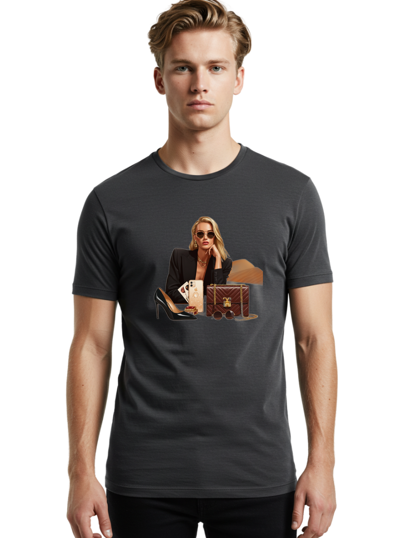 Woman-With-Luxury-Accessories Men'S Graphic Tee, 100% Cotton, Comfortable Casual Summer Wear, Machine Washable, Vintage Camera, Old Camera, Antique Camera, Black Camera, Classic Photography, Photography Equipment, Nostalgic Device, Bah395