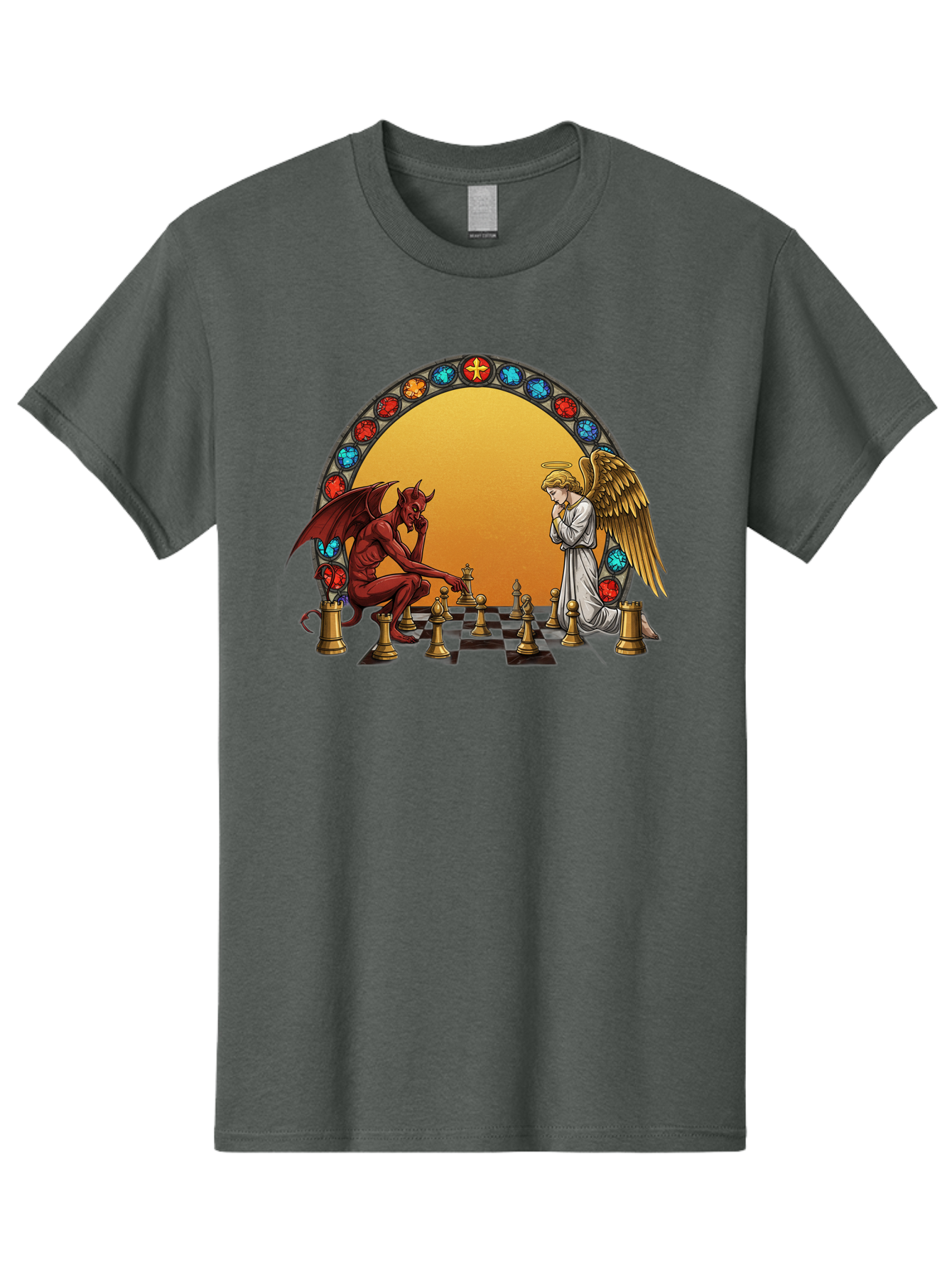 Angel-Vs-Devil-Chess-1 Men'S Graphic Tee, 100% Cotton, Comfortable Casual Summer Wear, Machine Washable, Vintage Camera, Old Camera, Antique Camera, Black Camera, Classic Photography, Photography Equipment, Nostalgic Device, Film Camera, Bah426
