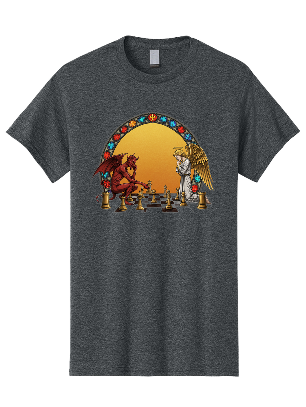 Angel-Vs-Devil-Chess-1 Men'S Graphic Tee, 100% Cotton, Comfortable Casual Summer Wear, Machine Washable, Vintage Camera, Old Camera, Antique Camera, Black Camera, Classic Photography, Photography Equipment, Nostalgic Device, Film Camera, Bah426