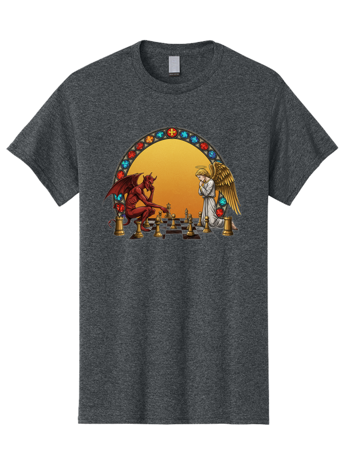 Angel-Vs-Devil-Chess-1 Men'S Graphic Tee, 100% Cotton, Comfortable Casual Summer Wear, Machine Washable, Vintage Camera, Old Camera, Antique Camera, Black Camera, Classic Photography, Photography Equipment, Nostalgic Device, Film Camera, Bah426