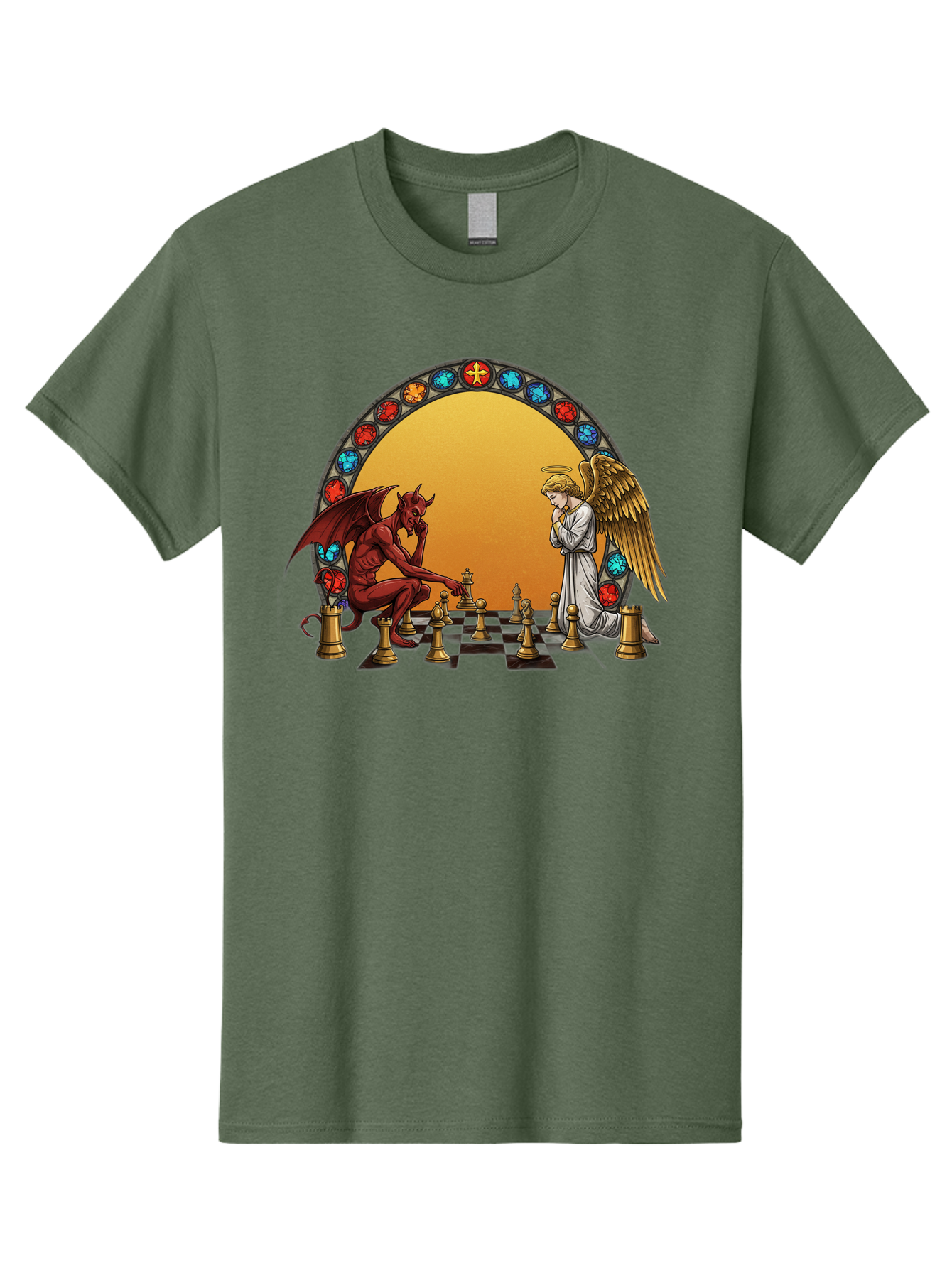 Angel-Vs-Devil-Chess-1 Men'S Graphic Tee, 100% Cotton, Comfortable Casual Summer Wear, Machine Washable, Vintage Camera, Old Camera, Antique Camera, Black Camera, Classic Photography, Photography Equipment, Nostalgic Device, Film Camera, Bah426
