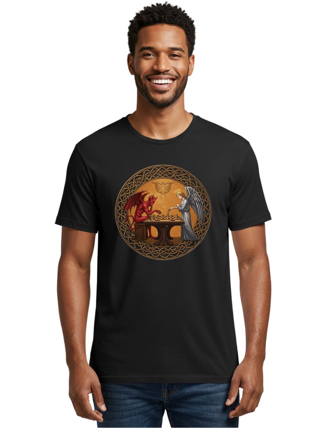 Angel-Vs-Devil-Chess-2 Men'S Graphic Tee, 100% Cotton, Comfortable Casual Summer Wear, Machine Washable, Vintage Camera, Old Camera, Antique Camera, Black Camera, Classic Photography, Photography Equipment, Nostalgic Device, Film Camera, Bah427