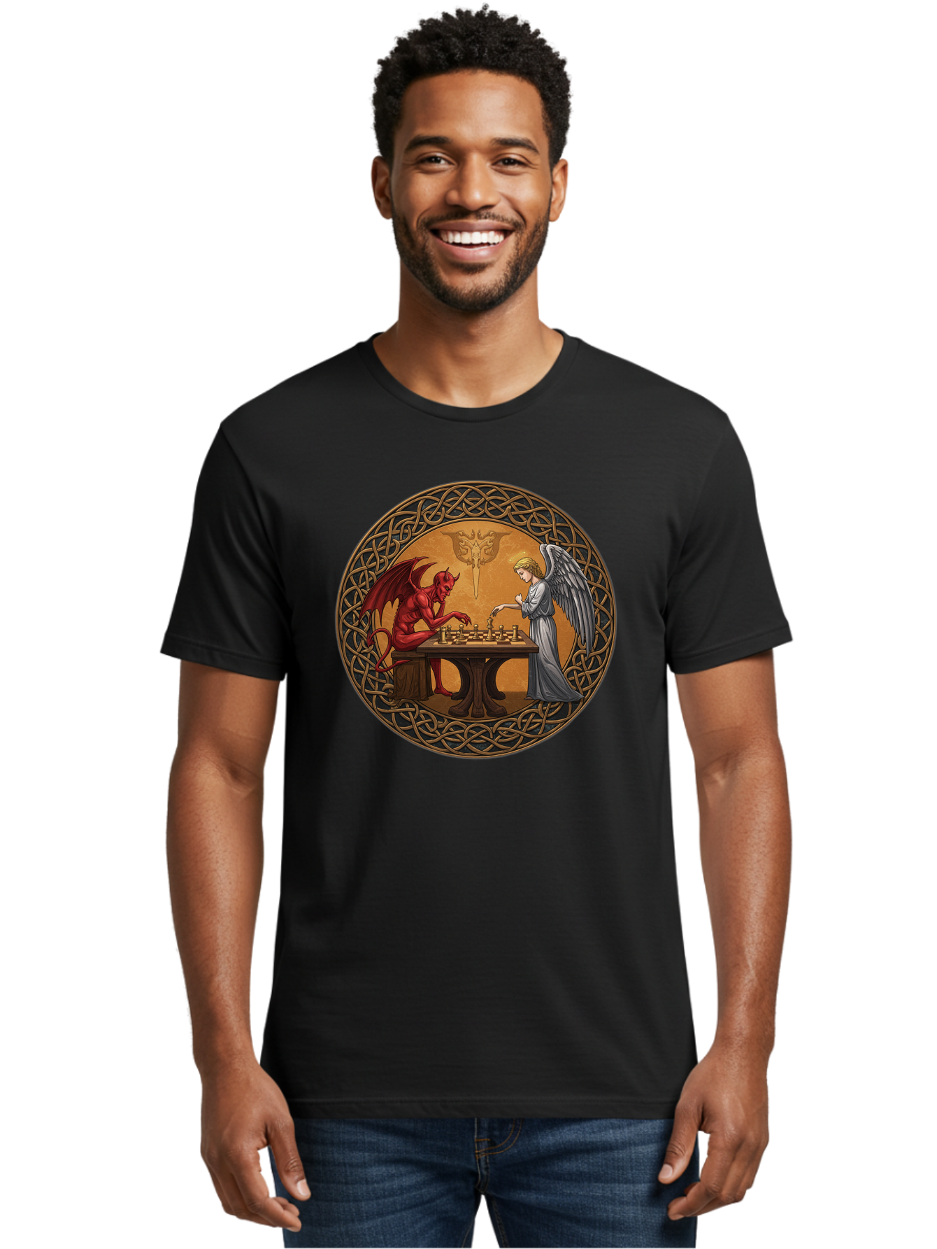 Angel-Vs-Devil-Chess-2 Men'S Graphic Tee, 100% Cotton, Comfortable Casual Summer Wear, Machine Washable, Vintage Camera, Old Camera, Antique Camera, Black Camera, Classic Photography, Photography Equipment, Nostalgic Device, Film Camera, Bah427