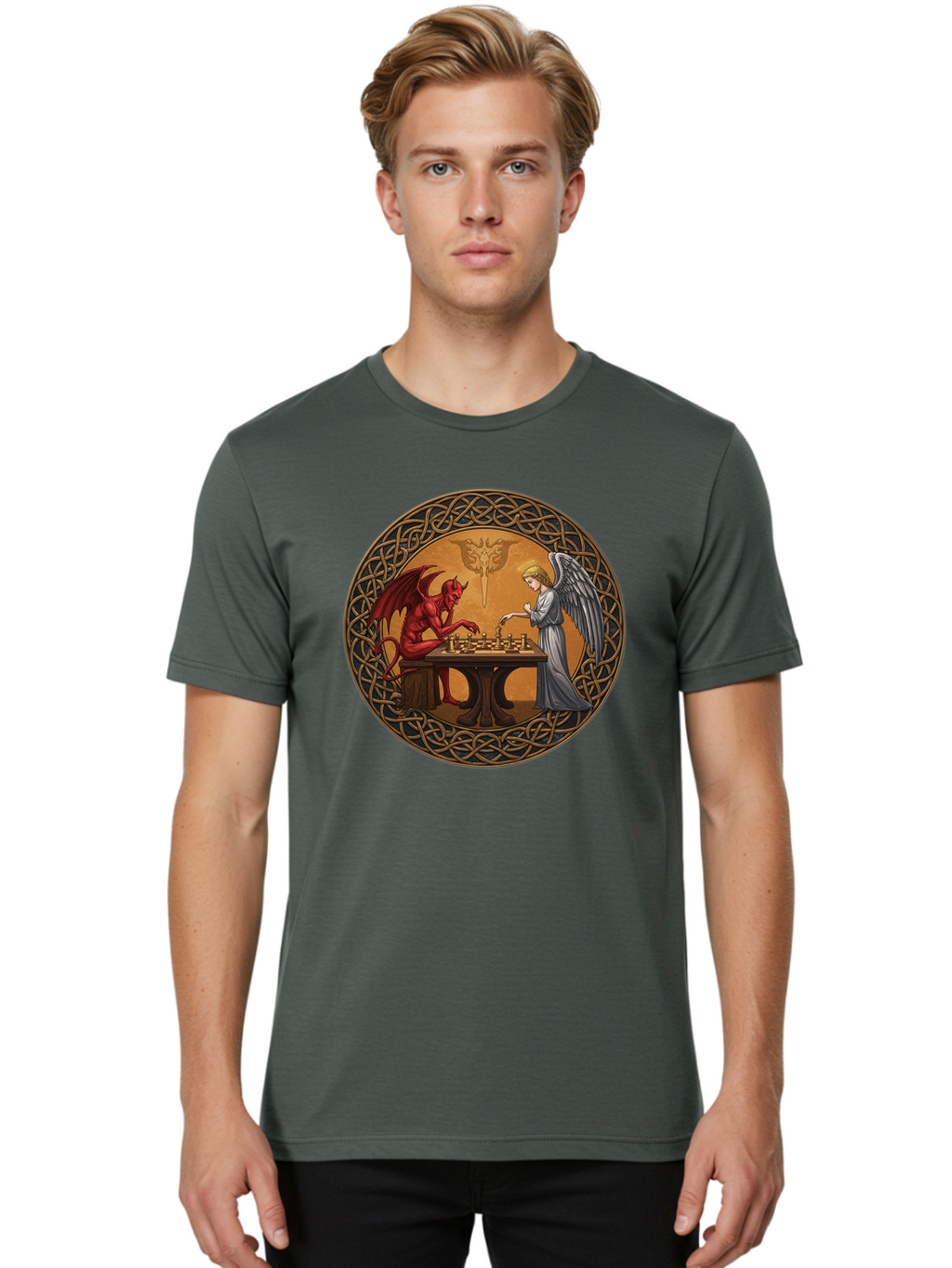 Angel-Vs-Devil-Chess-2 Men'S Graphic Tee, 100% Cotton, Comfortable Casual Summer Wear, Machine Washable, Vintage Camera, Old Camera, Antique Camera, Black Camera, Classic Photography, Photography Equipment, Nostalgic Device, Film Camera, Bah427