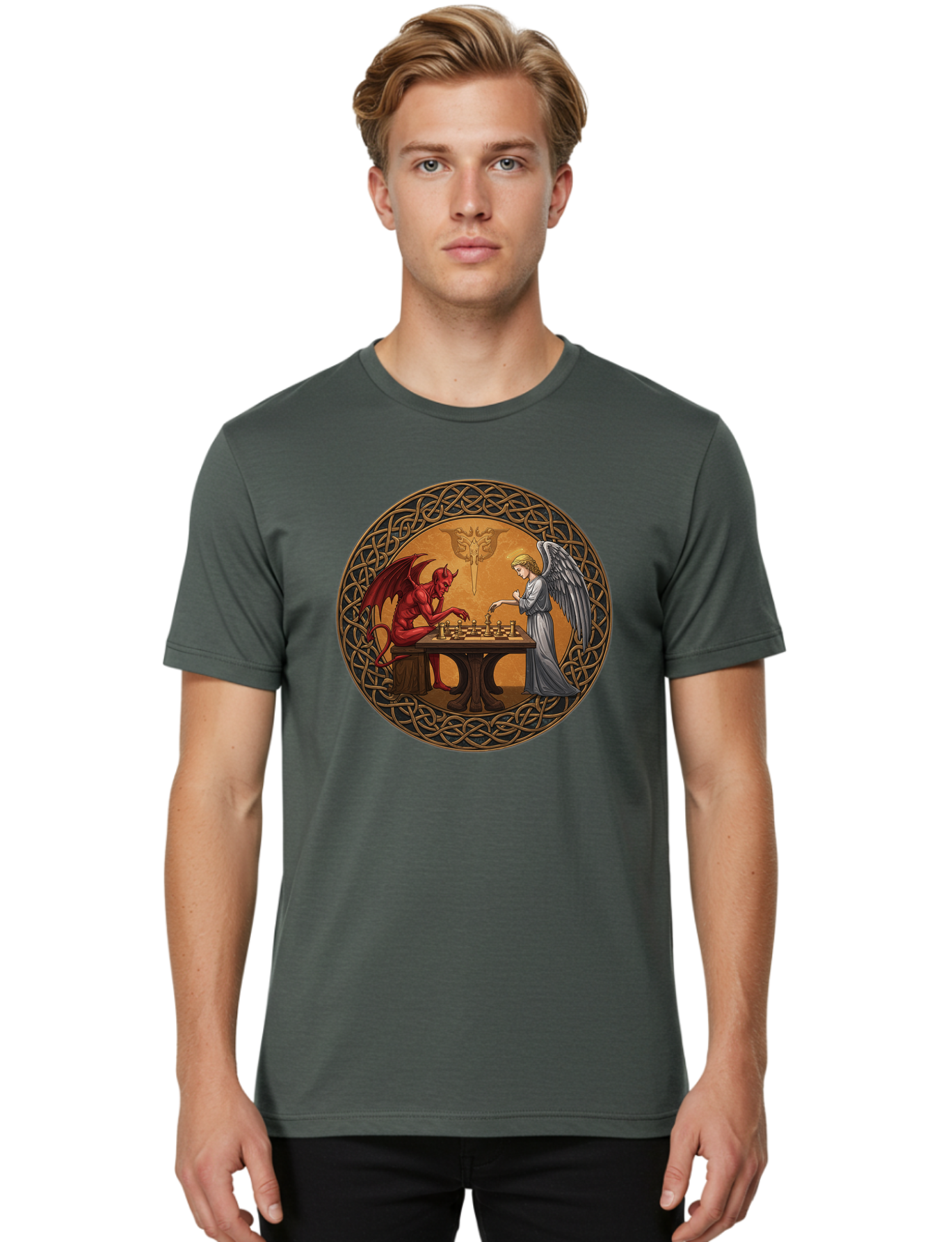 Angel-Vs-Devil-Chess-2 Men'S Graphic Tee, 100% Cotton, Comfortable Casual Summer Wear, Machine Washable, Vintage Camera, Old Camera, Antique Camera, Black Camera, Classic Photography, Photography Equipment, Nostalgic Device, Film Camera, Bah427