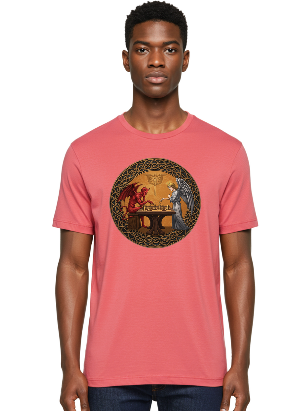 Angel-Vs-Devil-Chess-2 Men'S Graphic Tee, 100% Cotton, Comfortable Casual Summer Wear, Machine Washable, Vintage Camera, Old Camera, Antique Camera, Black Camera, Classic Photography, Photography Equipment, Nostalgic Device, Film Camera, Bah427