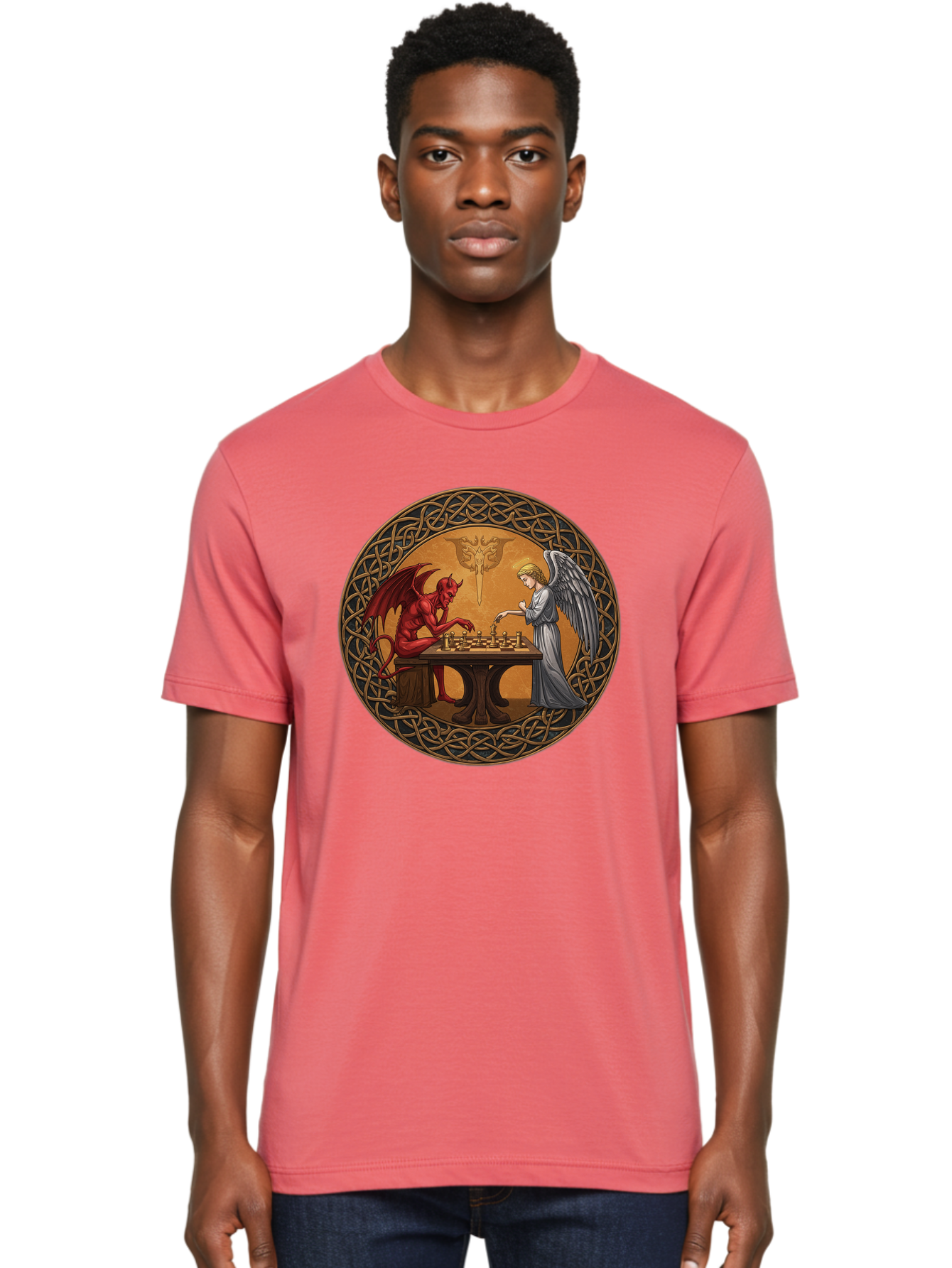 Angel-Vs-Devil-Chess-2 Men'S Graphic Tee, 100% Cotton, Comfortable Casual Summer Wear, Machine Washable, Vintage Camera, Old Camera, Antique Camera, Black Camera, Classic Photography, Photography Equipment, Nostalgic Device, Film Camera, Bah427