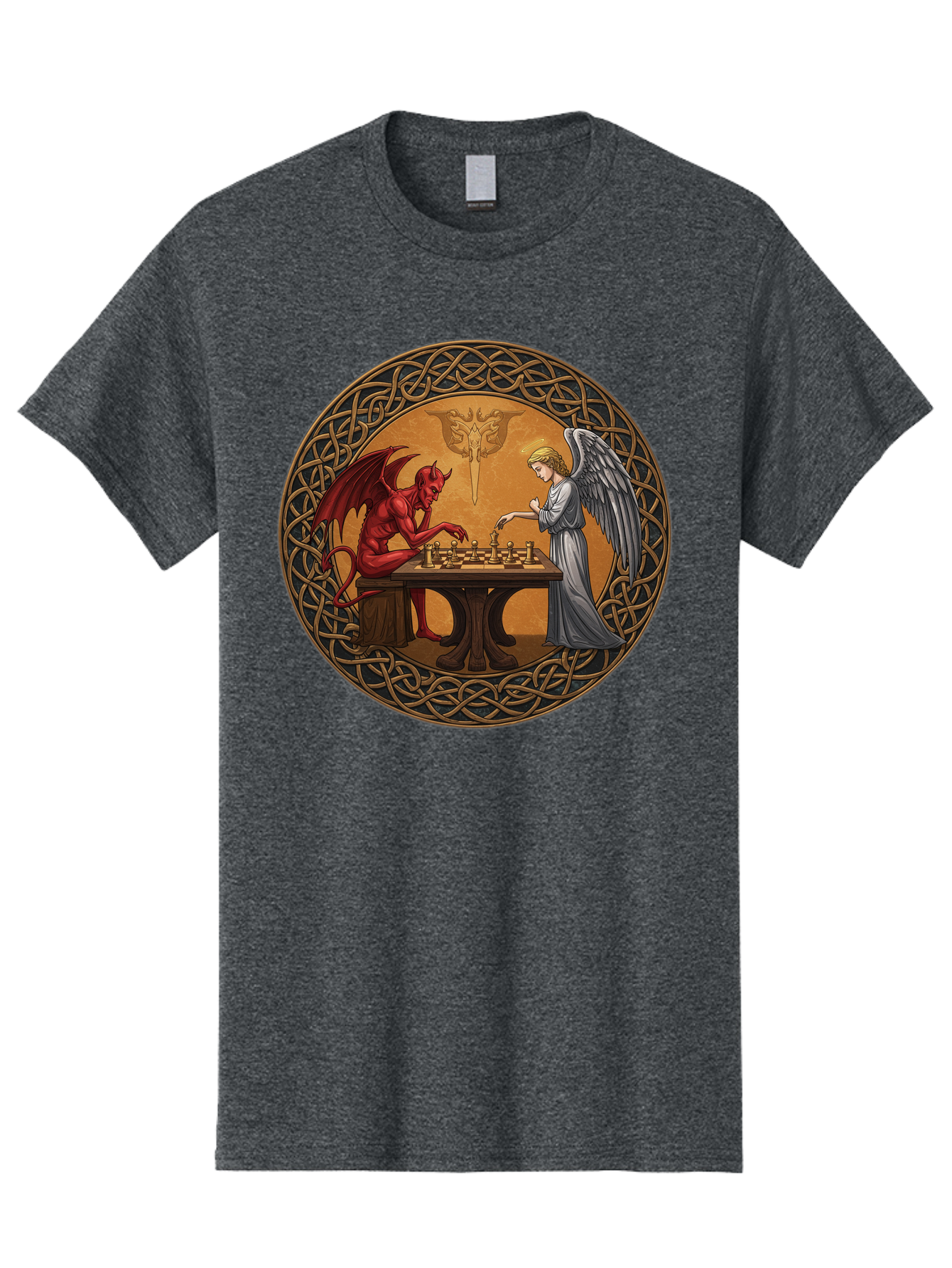 Angel-Vs-Devil-Chess-2 Men'S Graphic Tee, 100% Cotton, Comfortable Casual Summer Wear, Machine Washable, Vintage Camera, Old Camera, Antique Camera, Black Camera, Classic Photography, Photography Equipment, Nostalgic Device, Film Camera, Bah427