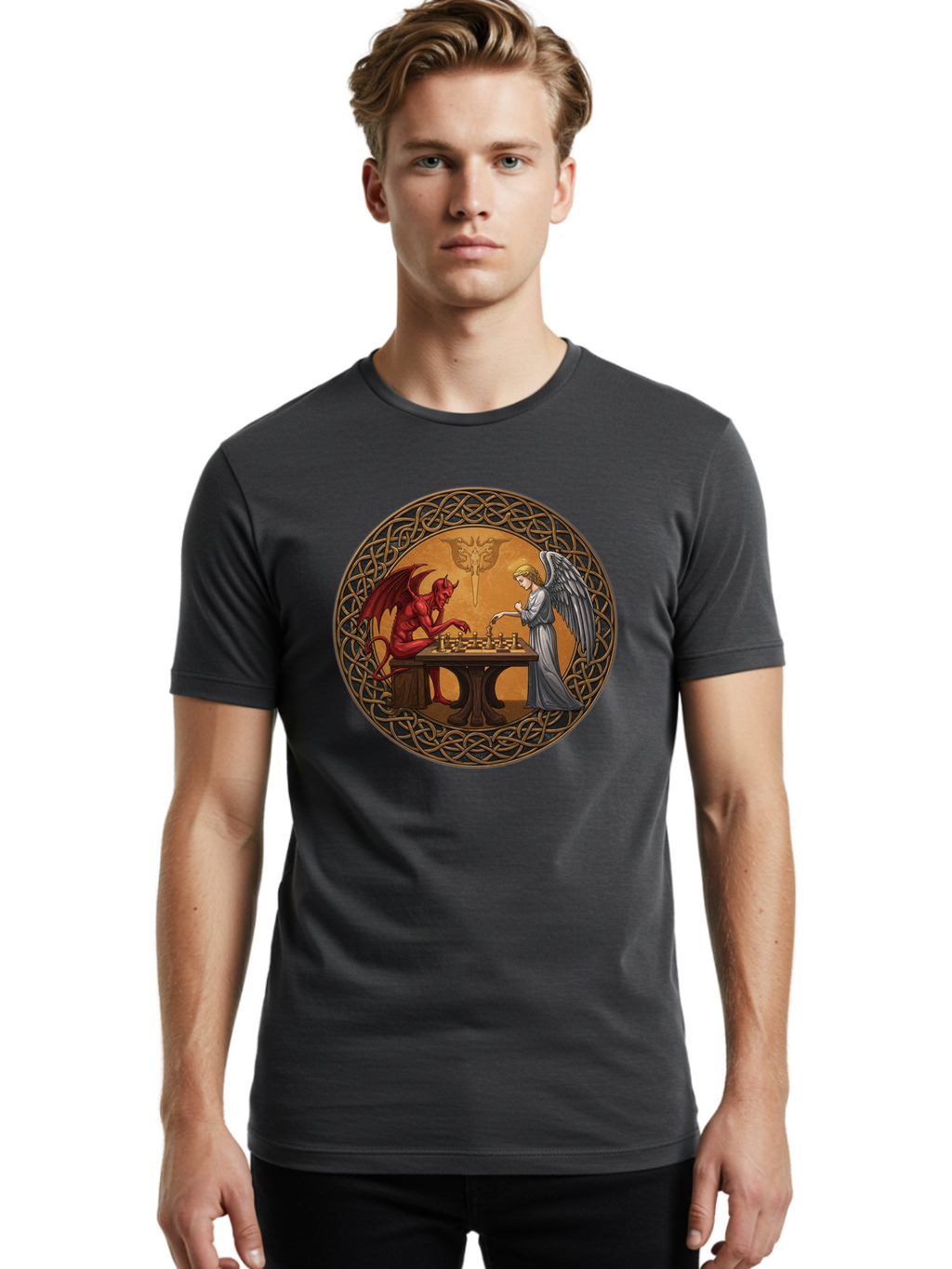 Angel-Vs-Devil-Chess-2 Men'S Graphic Tee, 100% Cotton, Comfortable Casual Summer Wear, Machine Washable, Vintage Camera, Old Camera, Antique Camera, Black Camera, Classic Photography, Photography Equipment, Nostalgic Device, Film Camera, Bah427