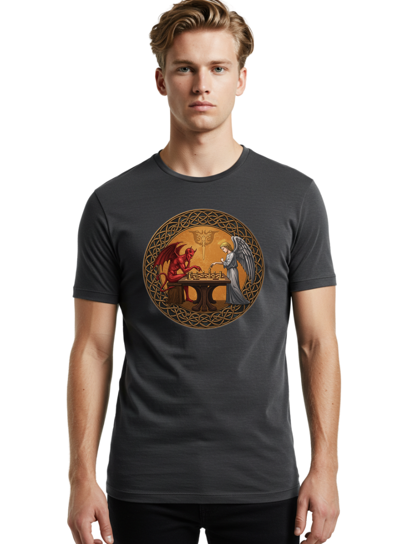 Angel-Vs-Devil-Chess-2 Men'S Graphic Tee, 100% Cotton, Comfortable Casual Summer Wear, Machine Washable, Vintage Camera, Old Camera, Antique Camera, Black Camera, Classic Photography, Photography Equipment, Nostalgic Device, Film Camera, Bah427