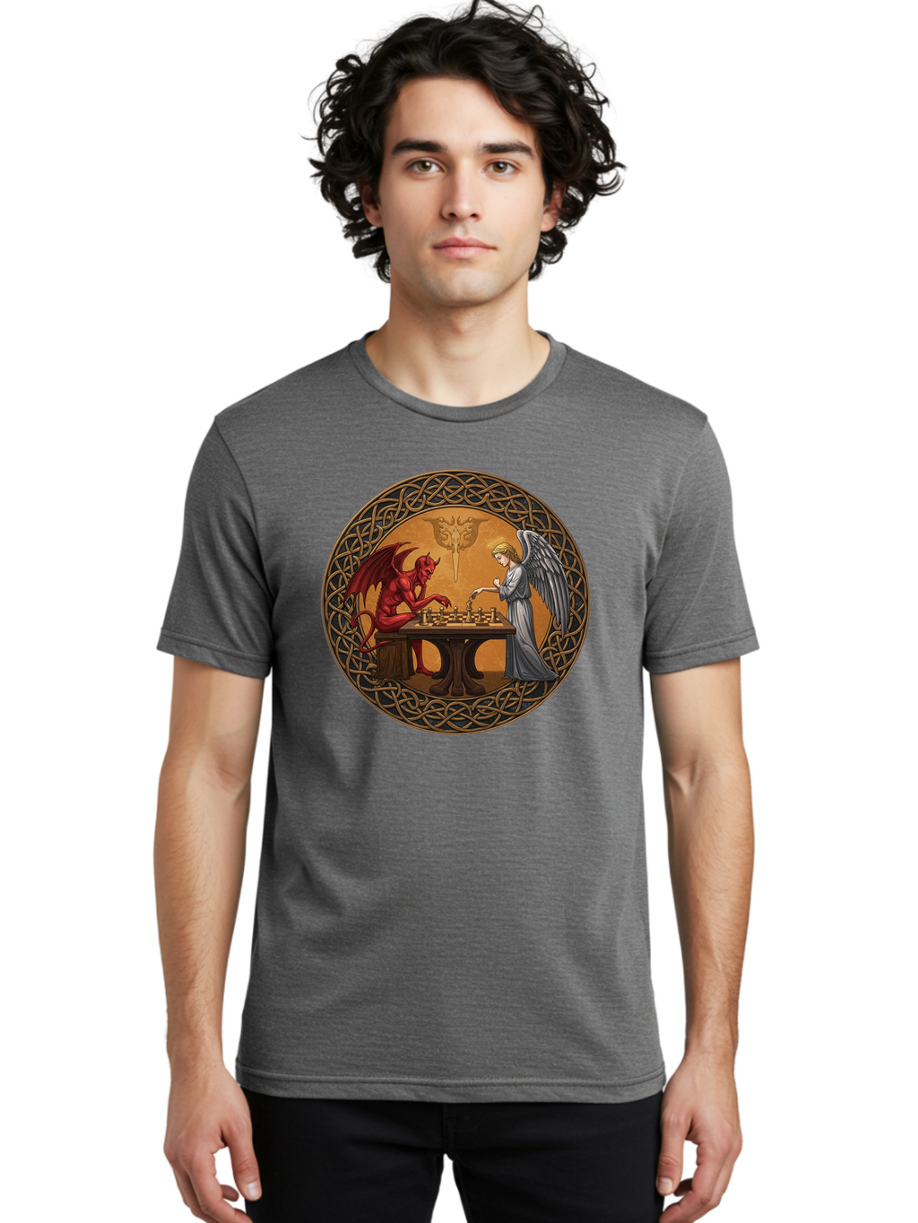 Angel-Vs-Devil-Chess-2 Men'S Graphic Tee, 100% Cotton, Comfortable Casual Summer Wear, Machine Washable, Vintage Camera, Old Camera, Antique Camera, Black Camera, Classic Photography, Photography Equipment, Nostalgic Device, Film Camera, Bah427