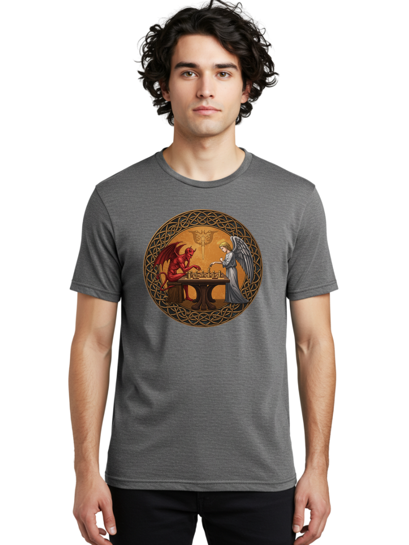 Angel-Vs-Devil-Chess-2 Men'S Graphic Tee, 100% Cotton, Comfortable Casual Summer Wear, Machine Washable, Vintage Camera, Old Camera, Antique Camera, Black Camera, Classic Photography, Photography Equipment, Nostalgic Device, Film Camera, Bah427