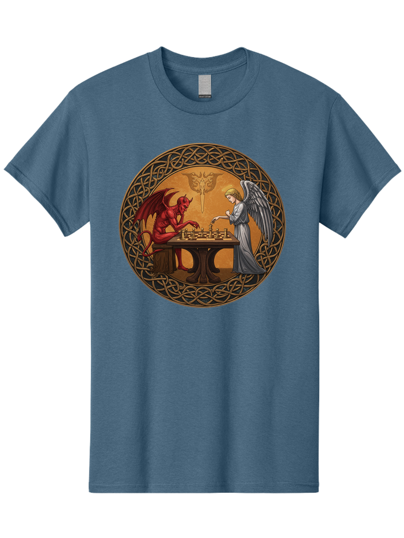 Angel-Vs-Devil-Chess-2 Men'S Graphic Tee, 100% Cotton, Comfortable Casual Summer Wear, Machine Washable, Vintage Camera, Old Camera, Antique Camera, Black Camera, Classic Photography, Photography Equipment, Nostalgic Device, Film Camera, Bah427