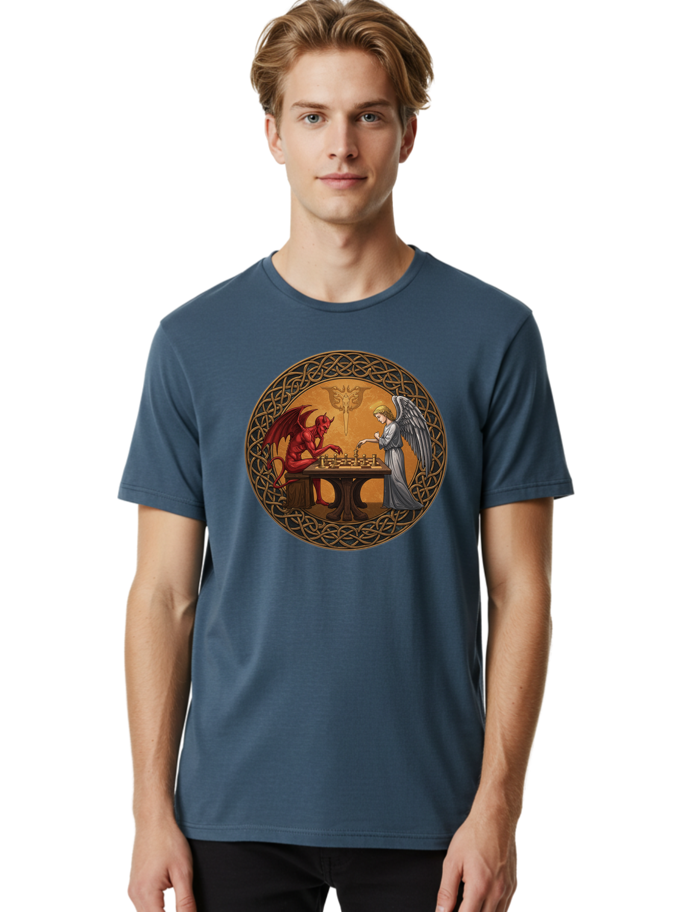 Angel-Vs-Devil-Chess-2 Men'S Graphic Tee, 100% Cotton, Comfortable Casual Summer Wear, Machine Washable, Vintage Camera, Old Camera, Antique Camera, Black Camera, Classic Photography, Photography Equipment, Nostalgic Device, Film Camera, Bah427