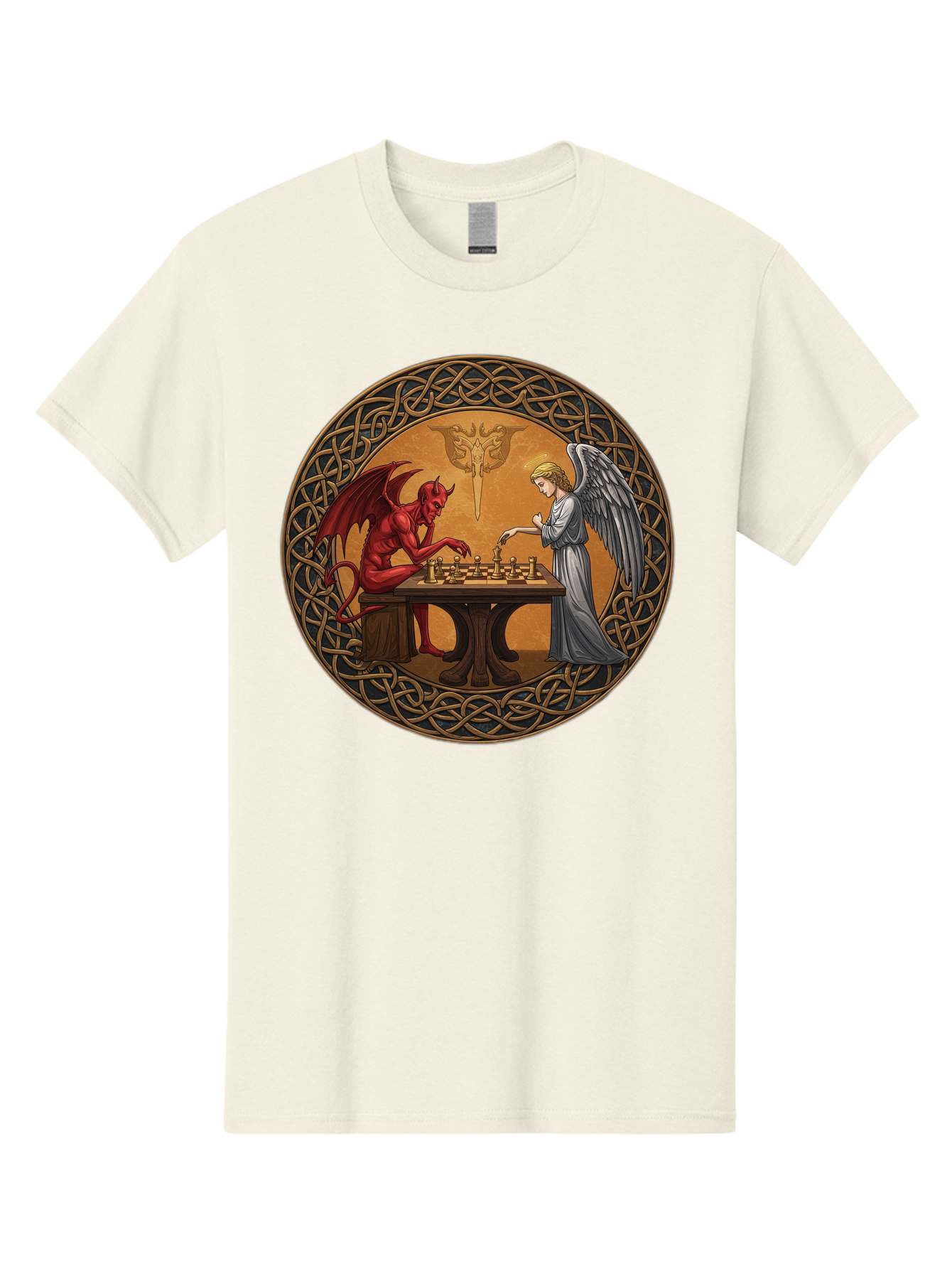 Angel-Vs-Devil-Chess-2 Men'S Graphic Tee, 100% Cotton, Comfortable Casual Summer Wear, Machine Washable, Vintage Camera, Old Camera, Antique Camera, Black Camera, Classic Photography, Photography Equipment, Nostalgic Device, Film Camera, Bah427