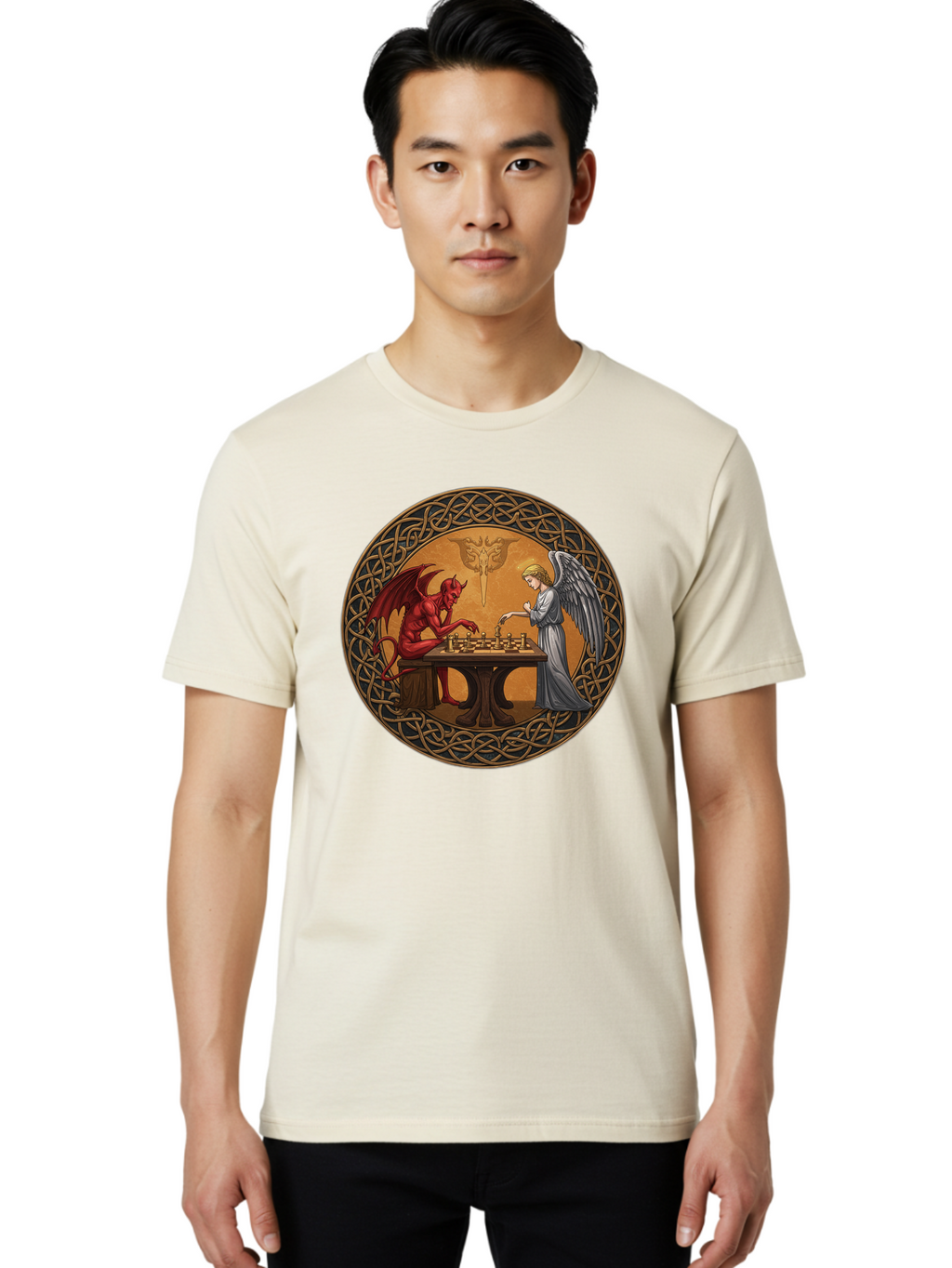 Angel-Vs-Devil-Chess-2 Men'S Graphic Tee, 100% Cotton, Comfortable Casual Summer Wear, Machine Washable, Vintage Camera, Old Camera, Antique Camera, Black Camera, Classic Photography, Photography Equipment, Nostalgic Device, Film Camera, Bah427