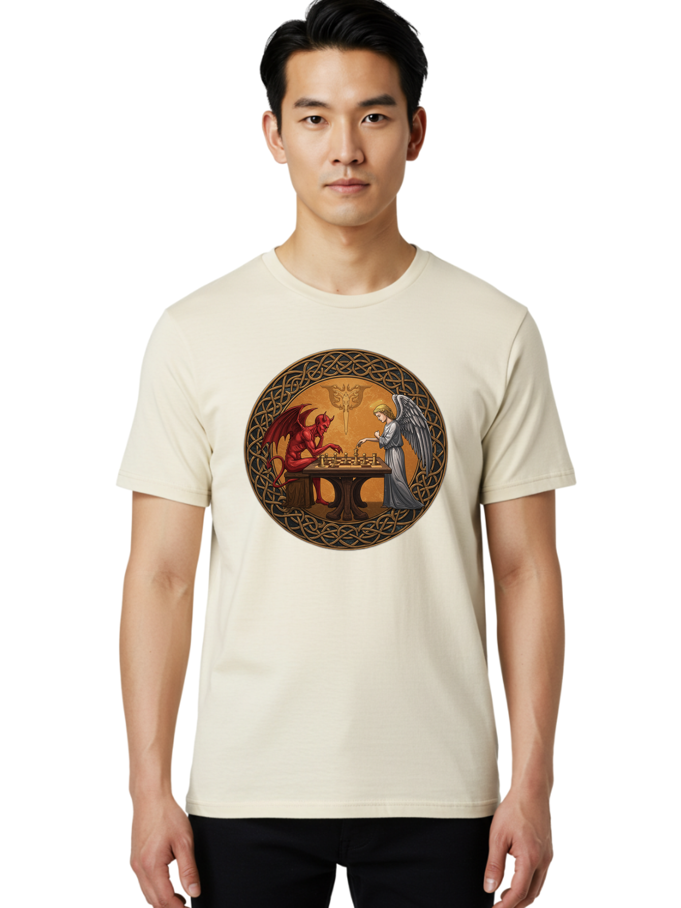 Angel-Vs-Devil-Chess-2 Men'S Graphic Tee, 100% Cotton, Comfortable Casual Summer Wear, Machine Washable, Vintage Camera, Old Camera, Antique Camera, Black Camera, Classic Photography, Photography Equipment, Nostalgic Device, Film Camera, Bah427