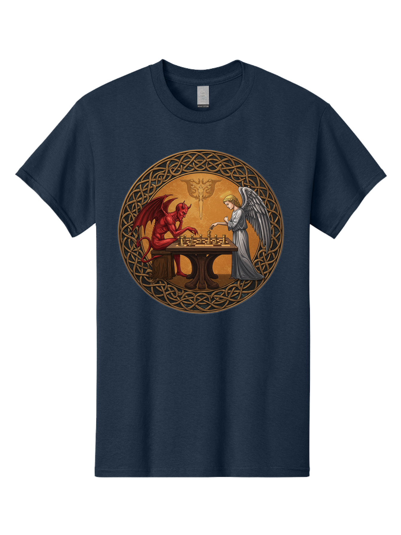 Angel-Vs-Devil-Chess-2 Men'S Graphic Tee, 100% Cotton, Comfortable Casual Summer Wear, Machine Washable, Vintage Camera, Old Camera, Antique Camera, Black Camera, Classic Photography, Photography Equipment, Nostalgic Device, Film Camera, Bah427