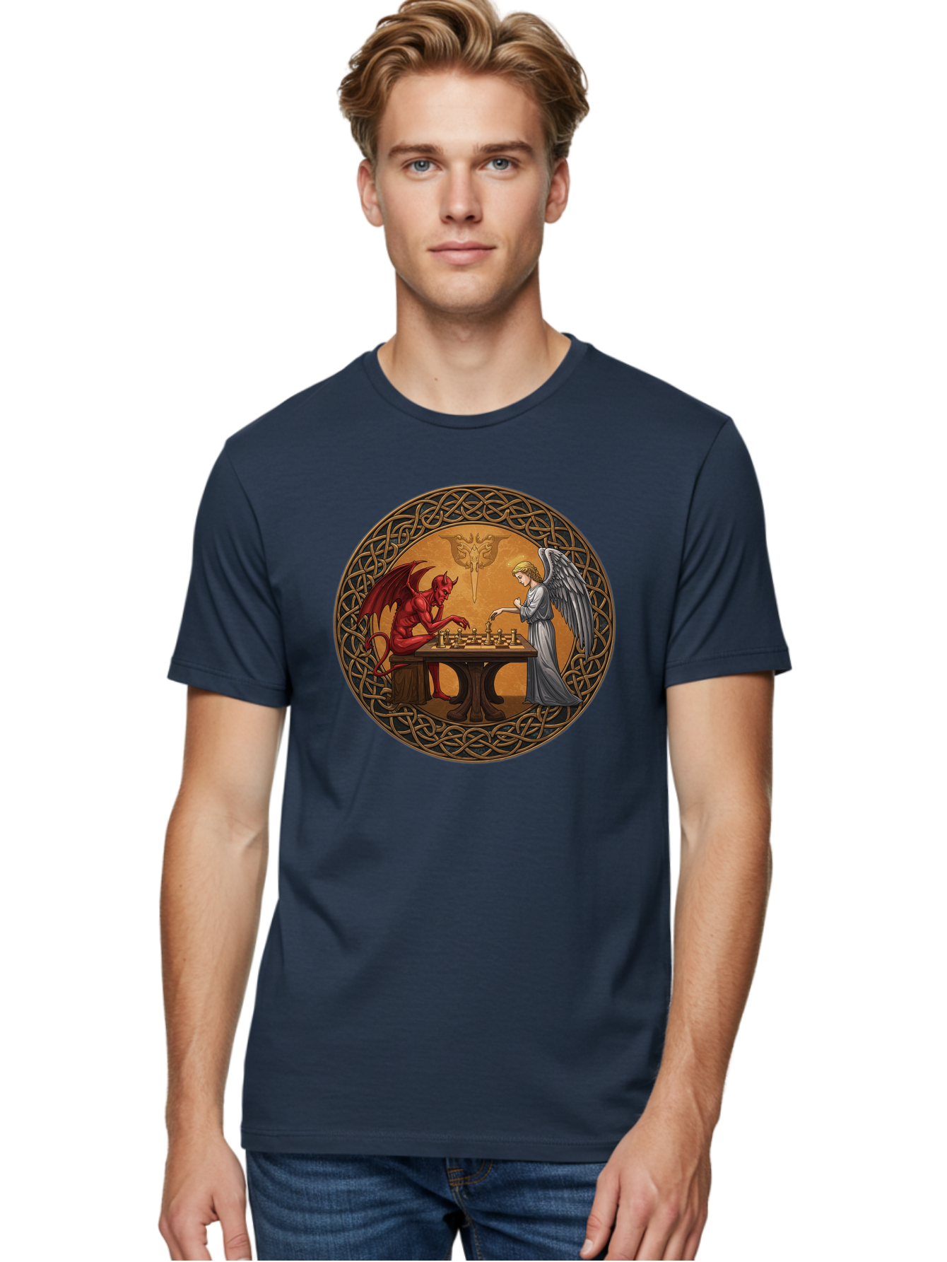 Angel-Vs-Devil-Chess-2 Men'S Graphic Tee, 100% Cotton, Comfortable Casual Summer Wear, Machine Washable, Vintage Camera, Old Camera, Antique Camera, Black Camera, Classic Photography, Photography Equipment, Nostalgic Device, Film Camera, Bah427