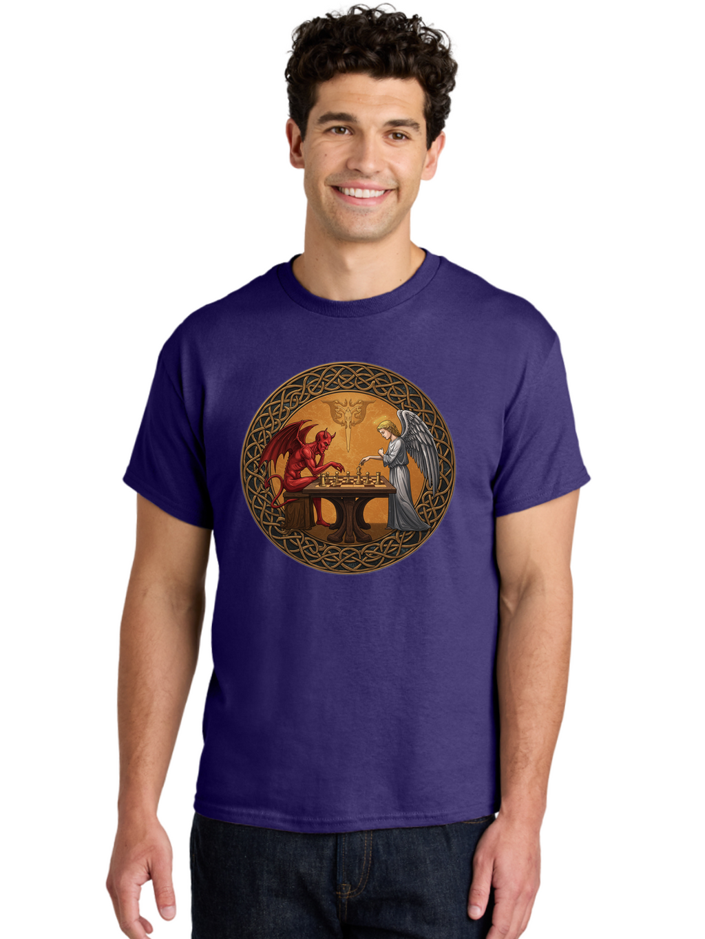 Angel-Vs-Devil-Chess-2 Men'S Graphic Tee, 100% Cotton, Comfortable Casual Summer Wear, Machine Washable, Vintage Camera, Old Camera, Antique Camera, Black Camera, Classic Photography, Photography Equipment, Nostalgic Device, Film Camera, Bah427