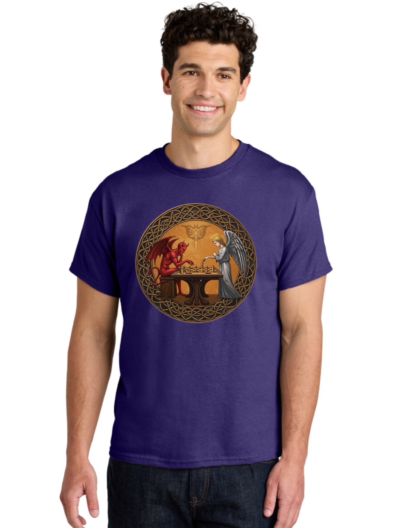 Angel-Vs-Devil-Chess-2 Men'S Graphic Tee, 100% Cotton, Comfortable Casual Summer Wear, Machine Washable, Vintage Camera, Old Camera, Antique Camera, Black Camera, Classic Photography, Photography Equipment, Nostalgic Device, Film Camera, Bah427