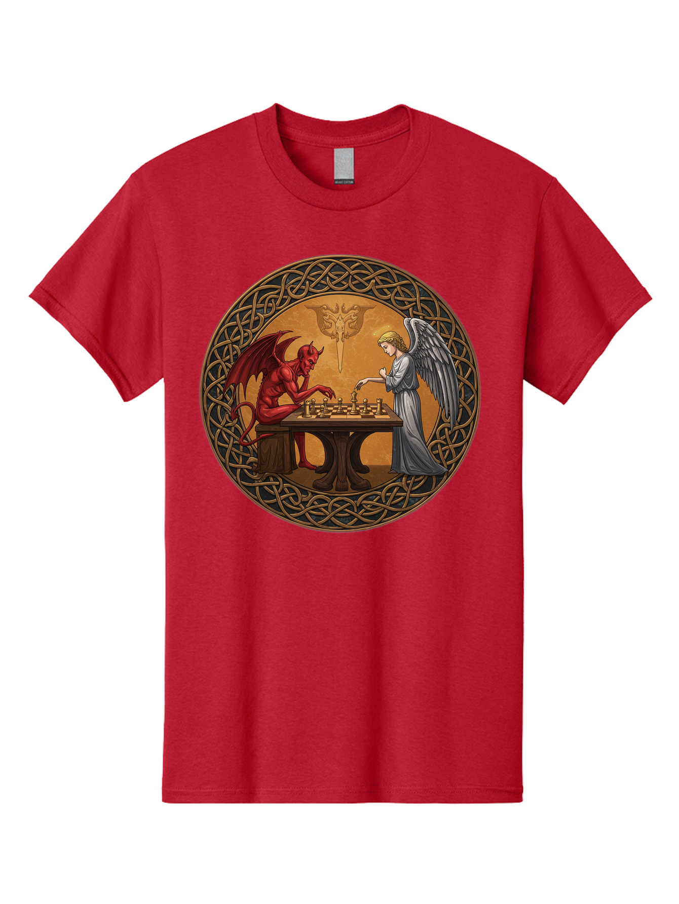 Angel-Vs-Devil-Chess-2 Men'S Graphic Tee, 100% Cotton, Comfortable Casual Summer Wear, Machine Washable, Vintage Camera, Old Camera, Antique Camera, Black Camera, Classic Photography, Photography Equipment, Nostalgic Device, Film Camera, Bah427