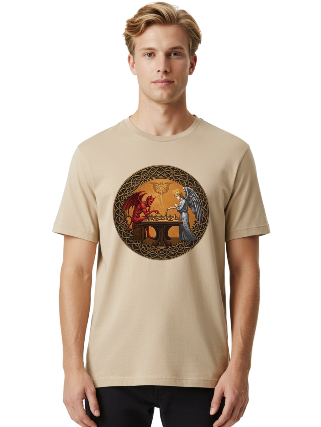Angel-Vs-Devil-Chess-2 Men'S Graphic Tee, 100% Cotton, Comfortable Casual Summer Wear, Machine Washable, Vintage Camera, Old Camera, Antique Camera, Black Camera, Classic Photography, Photography Equipment, Nostalgic Device, Film Camera, Bah427