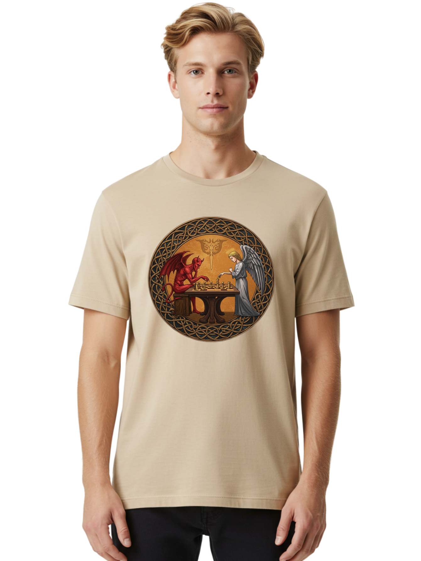 Angel-Vs-Devil-Chess-2 Men'S Graphic Tee, 100% Cotton, Comfortable Casual Summer Wear, Machine Washable, Vintage Camera, Old Camera, Antique Camera, Black Camera, Classic Photography, Photography Equipment, Nostalgic Device, Film Camera, Bah427