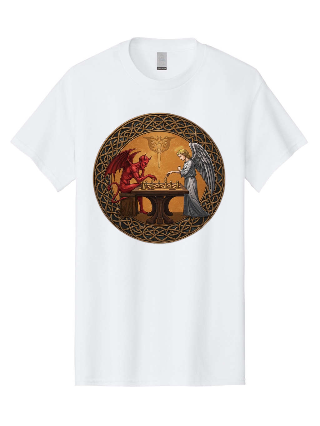 Angel-Vs-Devil-Chess-2 Men'S Graphic Tee, 100% Cotton, Comfortable Casual Summer Wear, Machine Washable, Vintage Camera, Old Camera, Antique Camera, Black Camera, Classic Photography, Photography Equipment, Nostalgic Device, Film Camera, Bah427