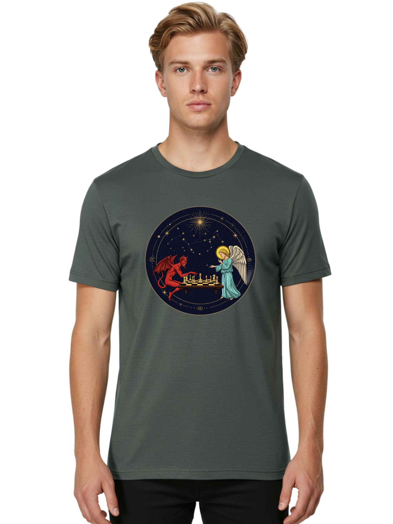 Angel-Vs-Devil-Chess Men'S Graphic Tee, 100% Cotton, Comfortable Casual Summer Wear, Machine Washable, Vintage Camera, Old Camera, Antique Camera, Black Camera, Classic Photography, Photography Equipment, Nostalgic Device, Film Camera, Bah429