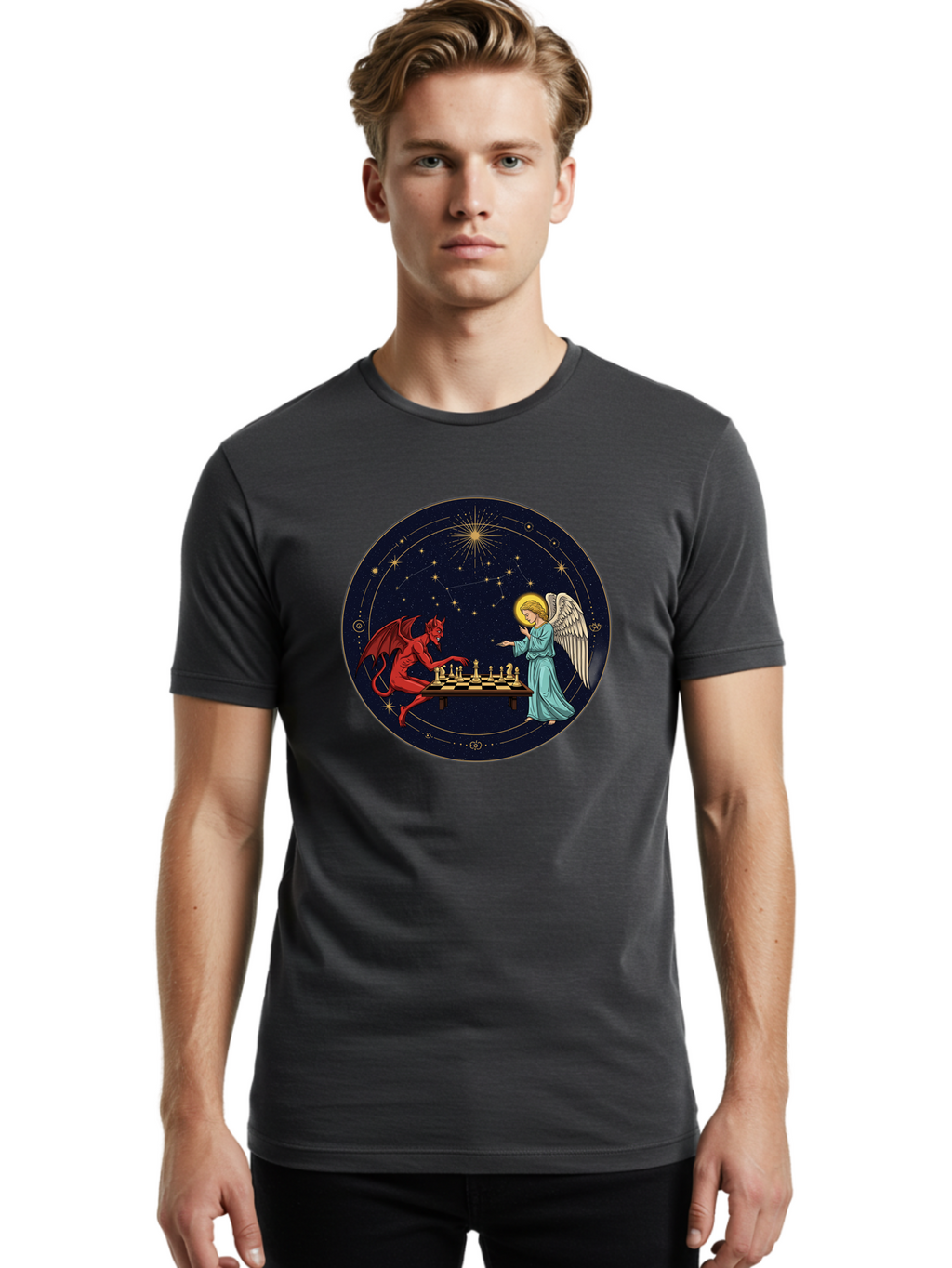 Angel-Vs-Devil-Chess Men'S Graphic Tee, 100% Cotton, Comfortable Casual Summer Wear, Machine Washable, Vintage Camera, Old Camera, Antique Camera, Black Camera, Classic Photography, Photography Equipment, Nostalgic Device, Film Camera, Bah429