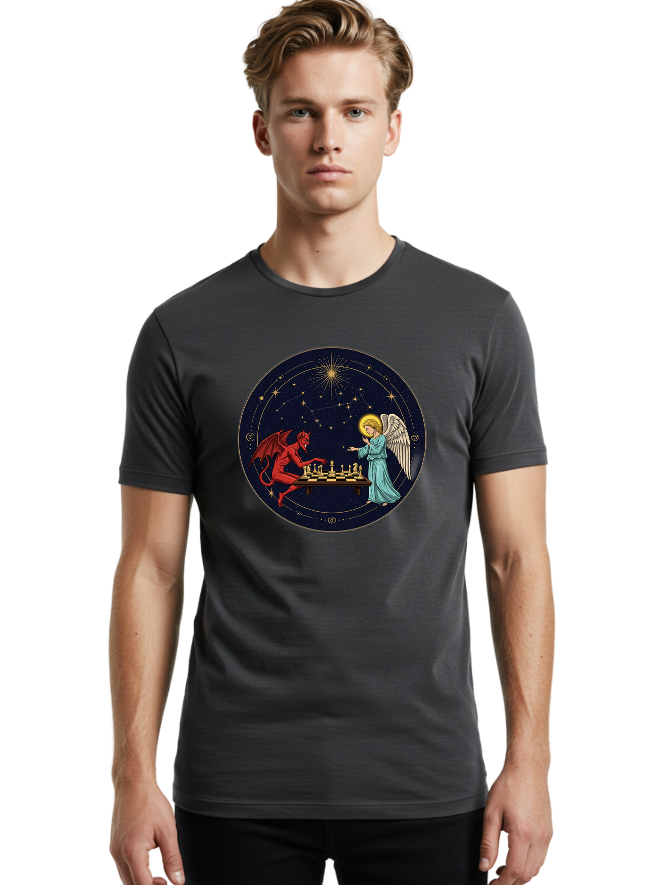 Angel-Vs-Devil-Chess Men'S Graphic Tee, 100% Cotton, Comfortable Casual Summer Wear, Machine Washable, Vintage Camera, Old Camera, Antique Camera, Black Camera, Classic Photography, Photography Equipment, Nostalgic Device, Film Camera, Bah429