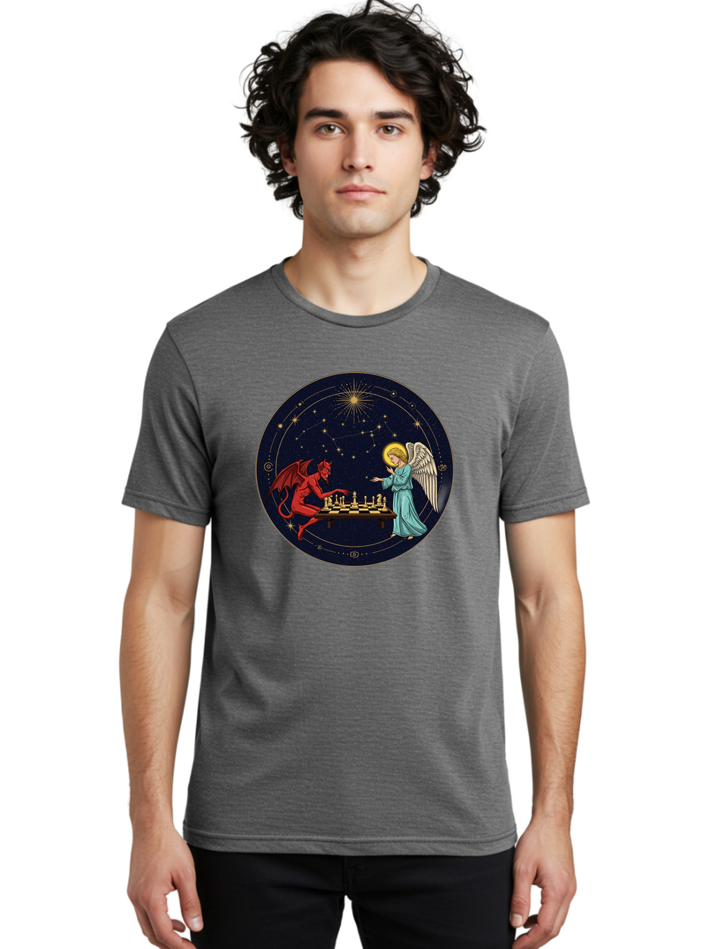 Angel-Vs-Devil-Chess Men'S Graphic Tee, 100% Cotton, Comfortable Casual Summer Wear, Machine Washable, Vintage Camera, Old Camera, Antique Camera, Black Camera, Classic Photography, Photography Equipment, Nostalgic Device, Film Camera, Bah429
