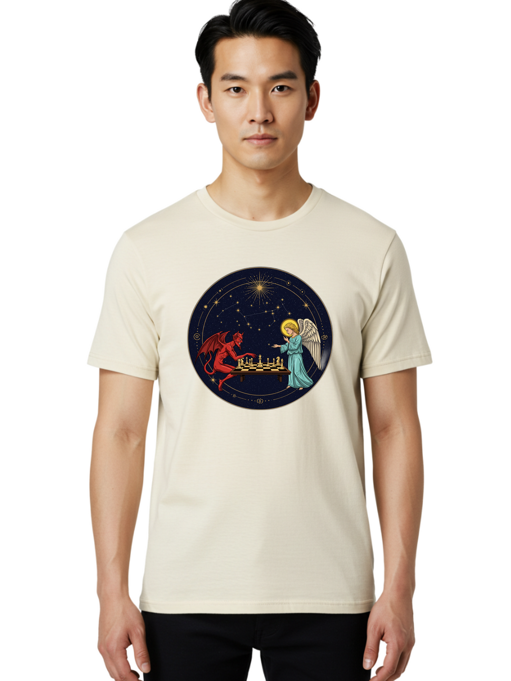 Angel-Vs-Devil-Chess Men'S Graphic Tee, 100% Cotton, Comfortable Casual Summer Wear, Machine Washable, Vintage Camera, Old Camera, Antique Camera, Black Camera, Classic Photography, Photography Equipment, Nostalgic Device, Film Camera, Bah429