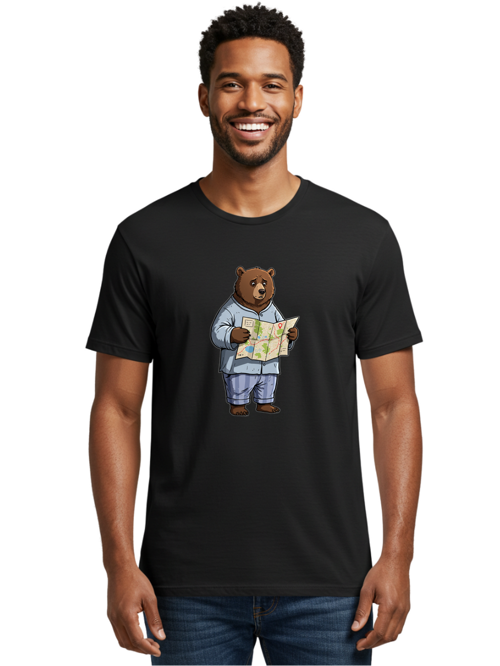 Bear-With-Map Men'S Graphic Tee, 100% Cotton, Comfortable Casual Summer Wear, Machine Washable, Vintage Camera, Old Camera, Antique Camera, Black Camera, Classic Photography, Photography Equipment, Nostalgic Device, Film Camera, Camera Art Bah590