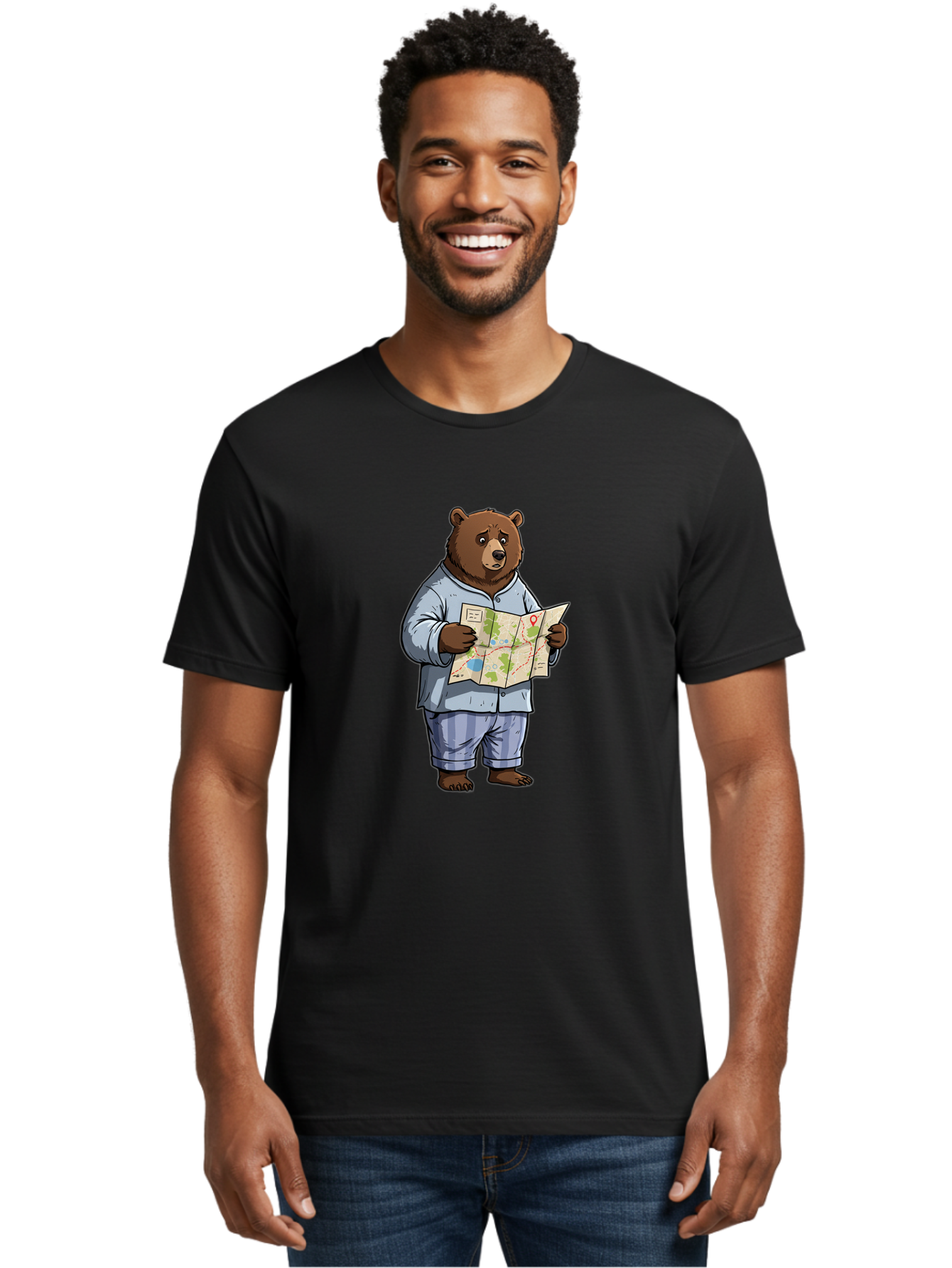 Bear-With-Map Men'S Graphic Tee, 100% Cotton, Comfortable Casual Summer Wear, Machine Washable, Vintage Camera, Old Camera, Antique Camera, Black Camera, Classic Photography, Photography Equipment, Nostalgic Device, Film Camera, Camera Art Bah590