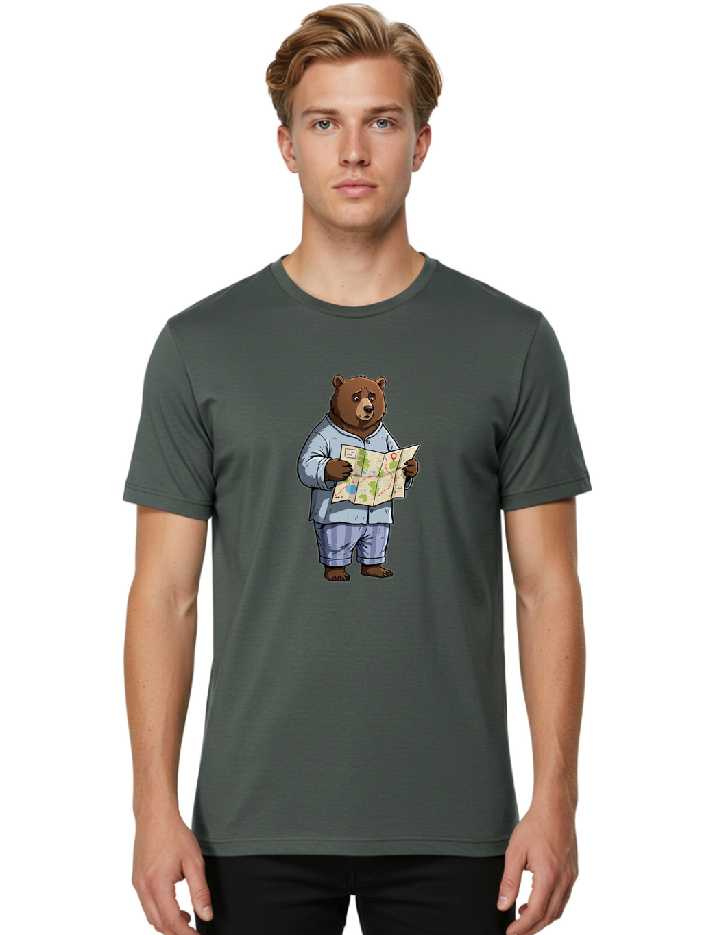 Bear-With-Map Men'S Graphic Tee, 100% Cotton, Comfortable Casual Summer Wear, Machine Washable, Vintage Camera, Old Camera, Antique Camera, Black Camera, Classic Photography, Photography Equipment, Nostalgic Device, Film Camera, Camera Art Bah590