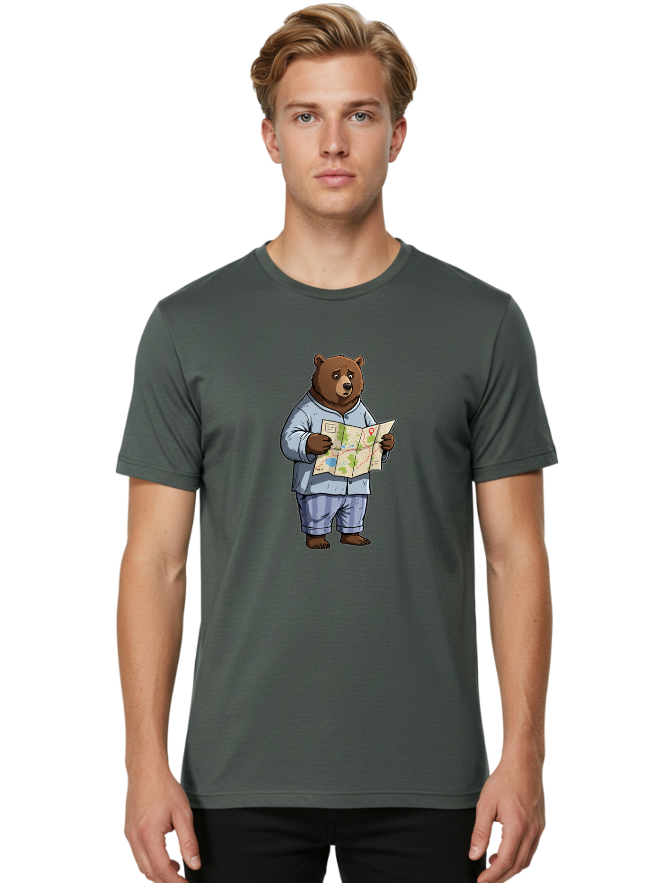 Bear-With-Map Men'S Graphic Tee, 100% Cotton, Comfortable Casual Summer Wear, Machine Washable, Vintage Camera, Old Camera, Antique Camera, Black Camera, Classic Photography, Photography Equipment, Nostalgic Device, Film Camera, Camera Art Bah590
