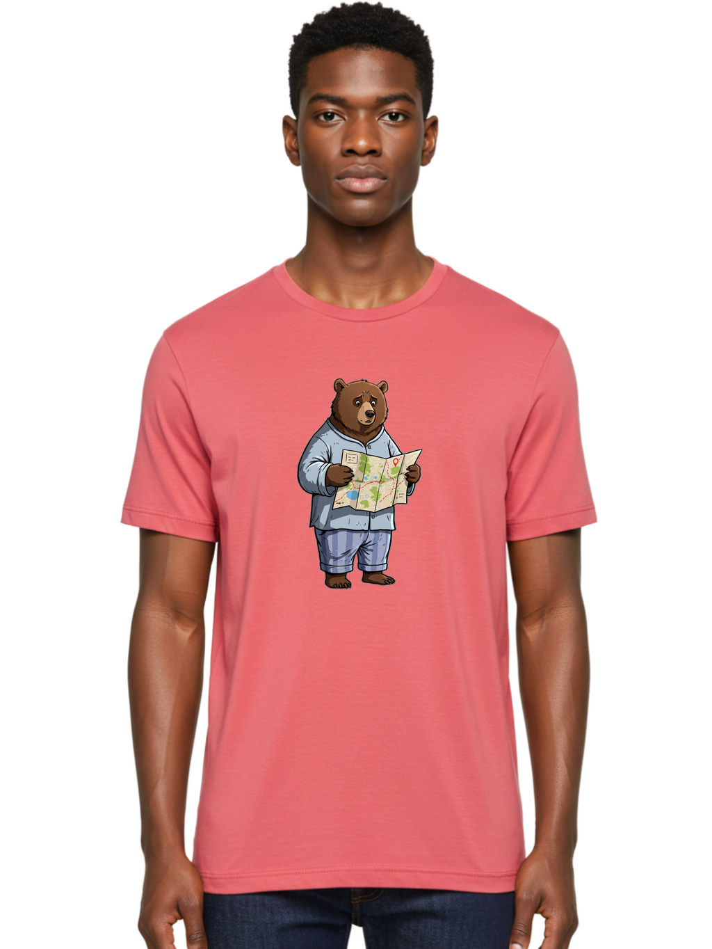 Bear-With-Map Men'S Graphic Tee, 100% Cotton, Comfortable Casual Summer Wear, Machine Washable, Vintage Camera, Old Camera, Antique Camera, Black Camera, Classic Photography, Photography Equipment, Nostalgic Device, Film Camera, Camera Art Bah590